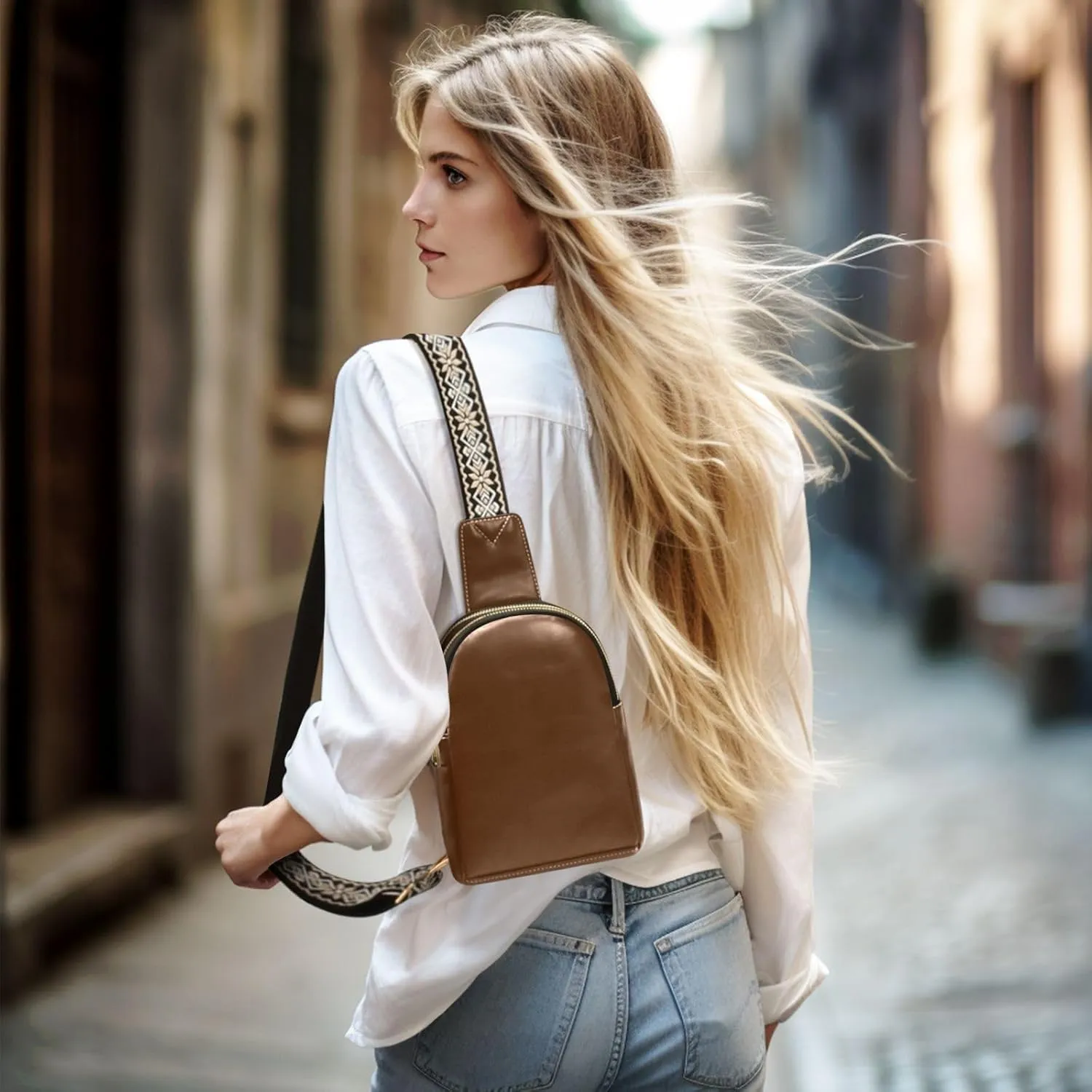 Brown Sling Bag for Women Men Fanny Packs Small Crossbody Bags for Women Leather Fashion Waist Packs Belt Bag Waterproof Chest Bag for Sport Hiking Travel Running
