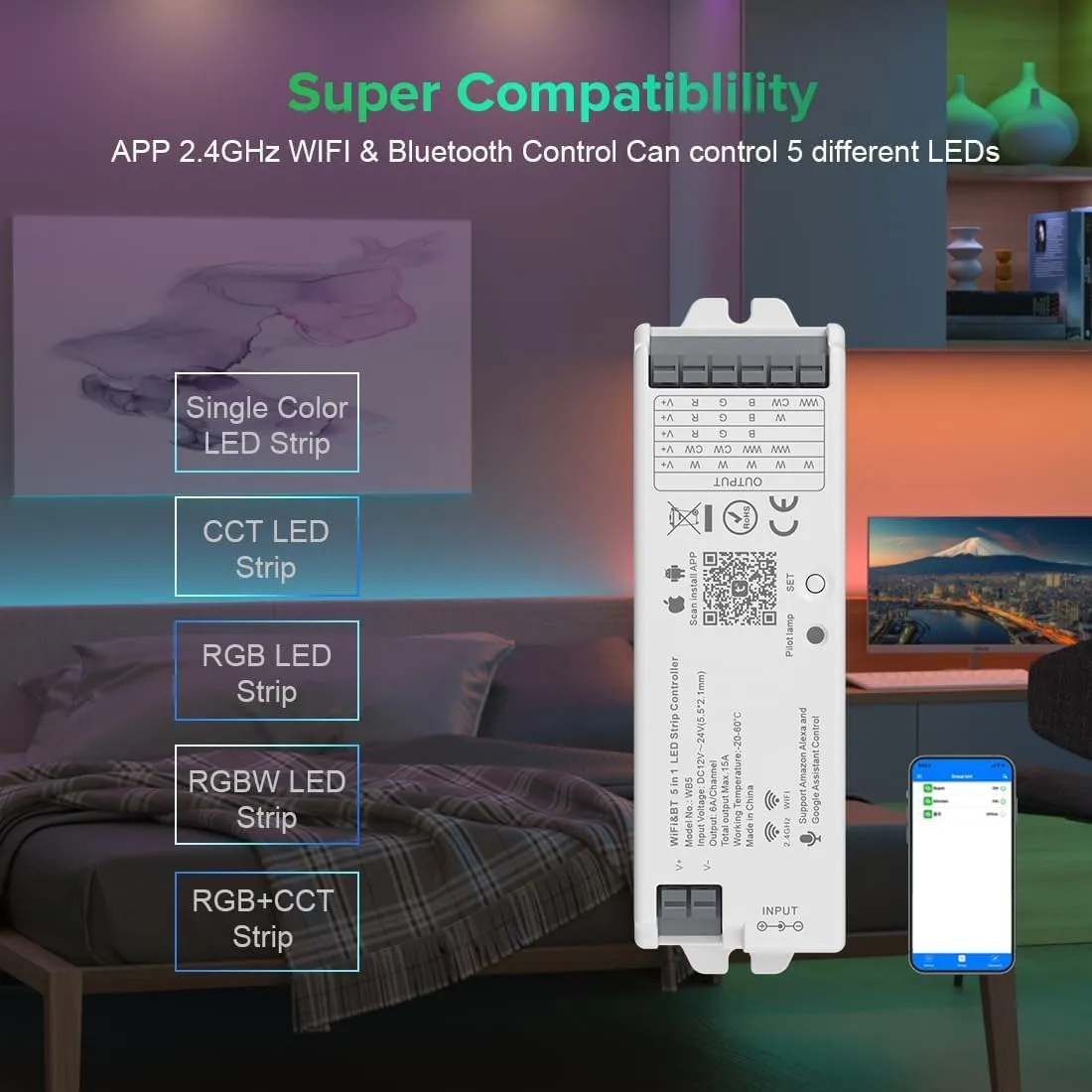 BTF-LIGHTING 5in1 WB5 2.4GHz Tuya WiFi PWM LED Controller Compatible with Alexa/Google Home/Smart Life/Tuya Smart APP Control for Dimming CCT RGB RGBW RGBCCT LED Strip Work with WR01RF WR02RF etc