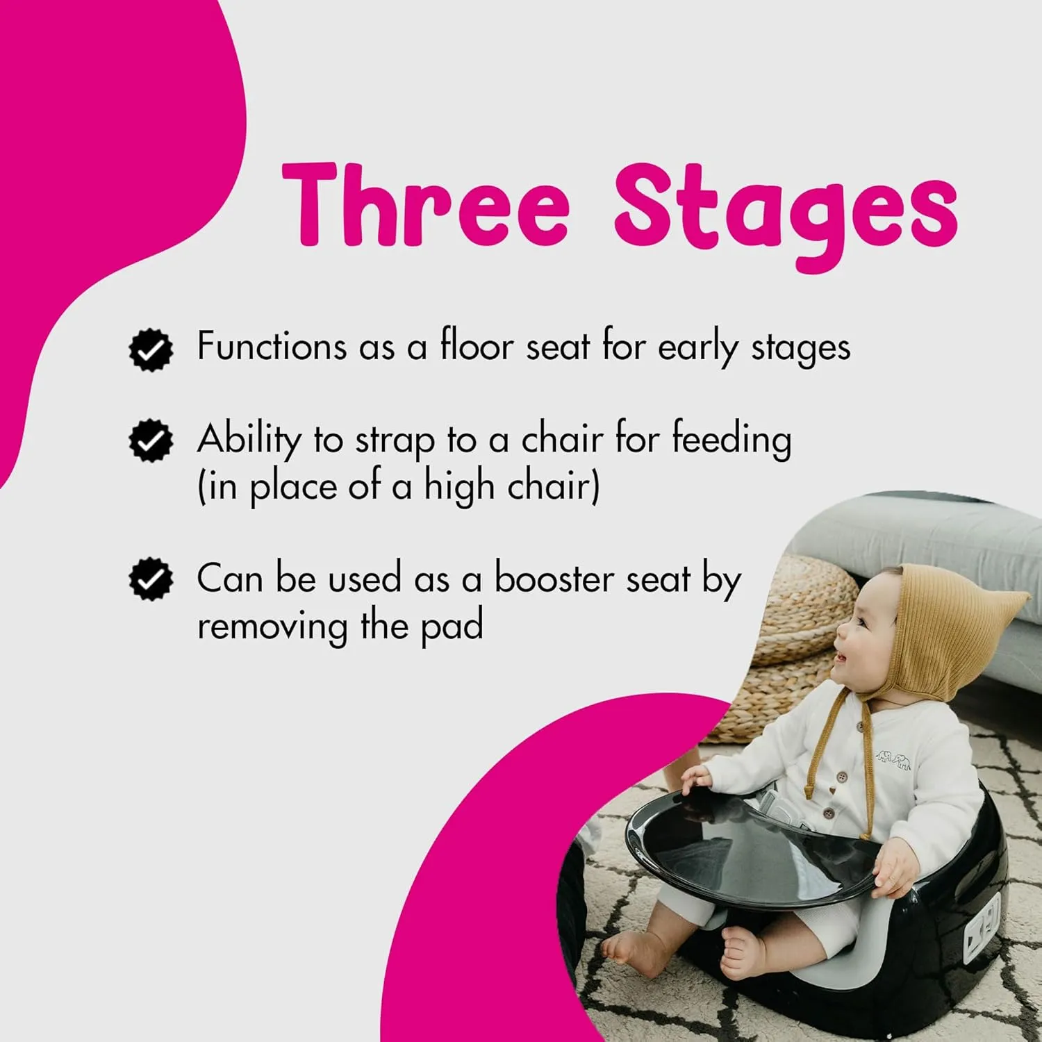 Bumbo 3-in-1 Baby Multi Seat Booster with Feeding Tray, 6-36 Months Old, Black/Cool Grey - High Chair and Floor Seat Accessory for Babies, Infants, and Toddlers