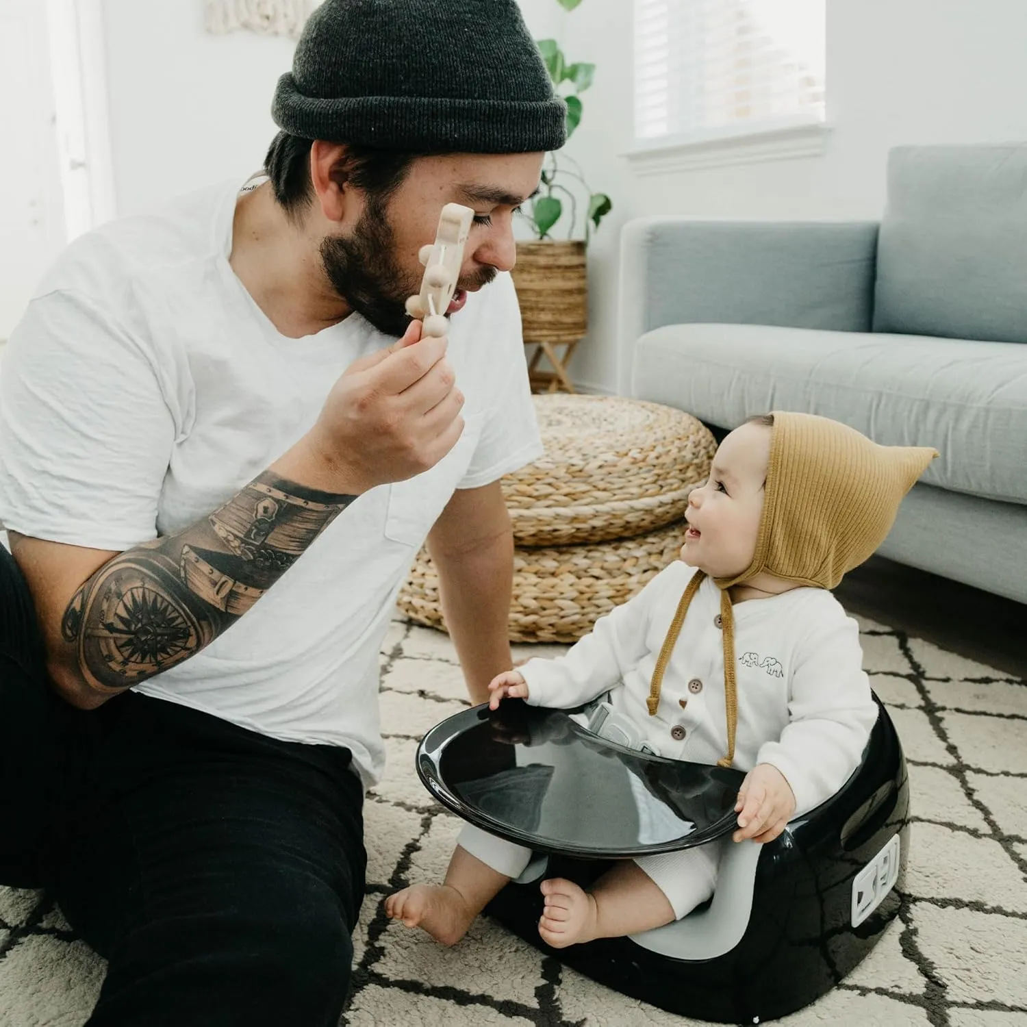 Bumbo 3-in-1 Baby Multi Seat Booster with Feeding Tray, 6-36 Months Old, Black/Cool Grey - High Chair and Floor Seat Accessory for Babies, Infants, and Toddlers