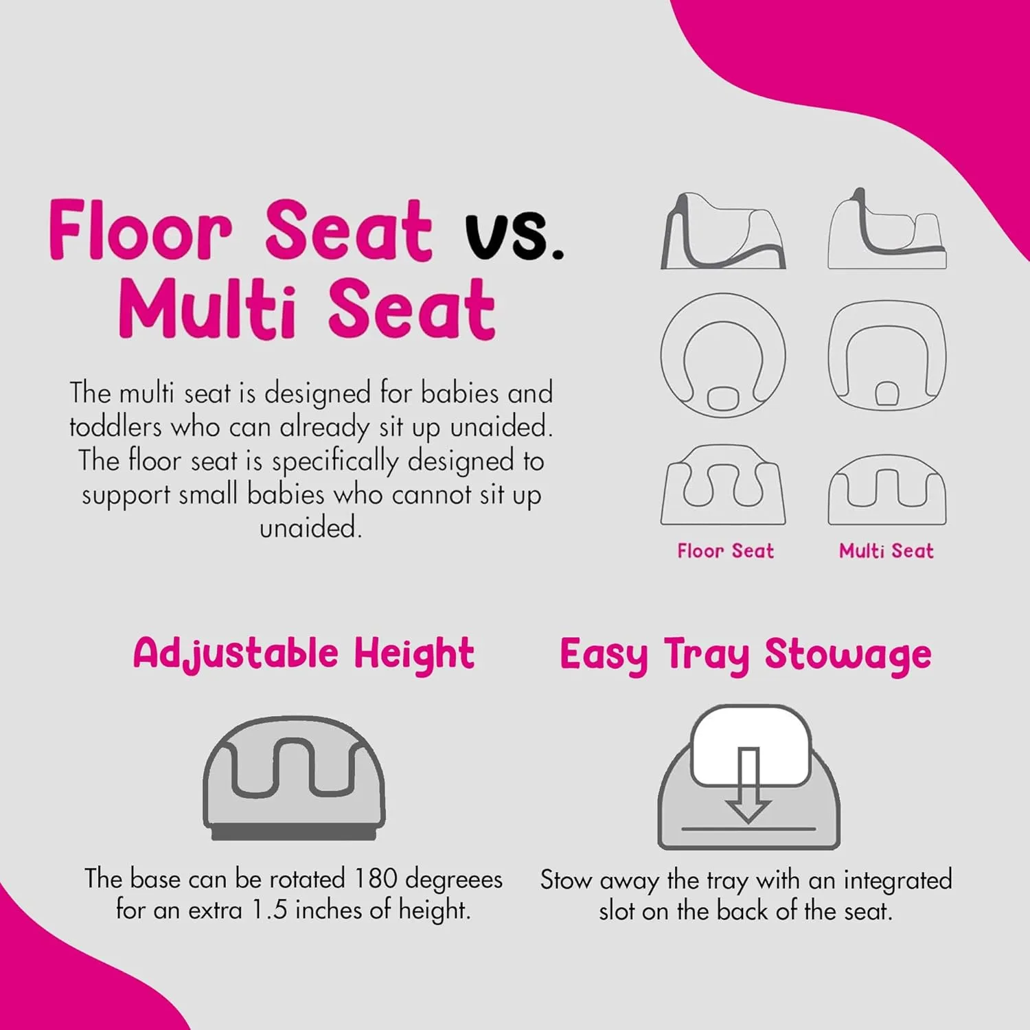 Bumbo 3-in-1 Baby Multi Seat Booster with Feeding Tray, 6-36 Months Old, Black/Cool Grey - High Chair and Floor Seat Accessory for Babies, Infants, and Toddlers