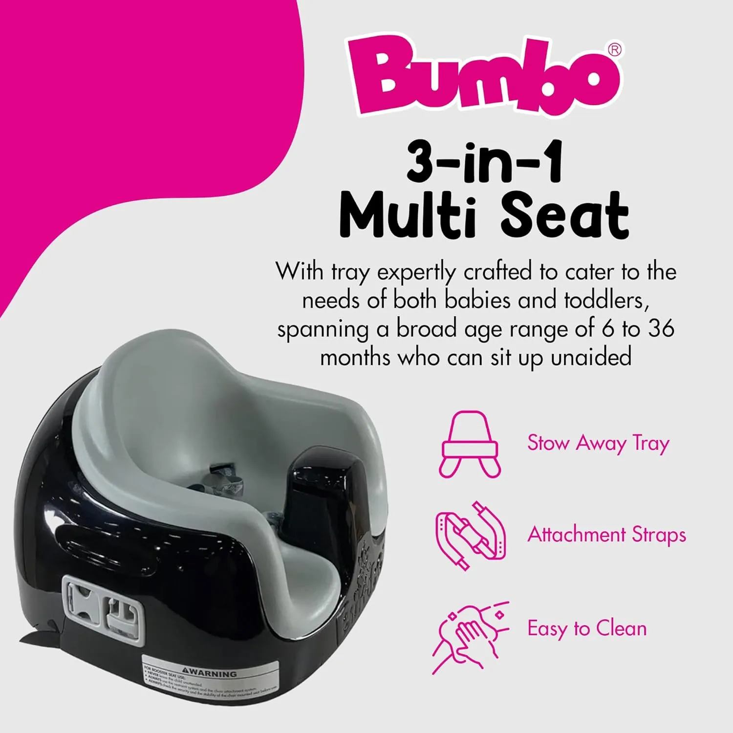 Bumbo 3-in-1 Baby Multi Seat Booster with Feeding Tray, 6-36 Months Old, Black/Cool Grey - High Chair and Floor Seat Accessory for Babies, Infants, and Toddlers