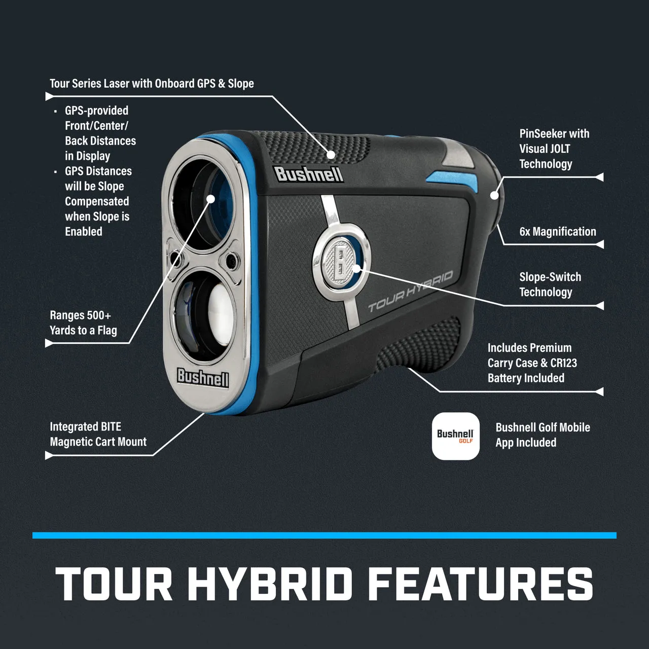 Bushnell Golf Tour Hybrid GPS Laser Rangefinder with Slope and 500  Yard Range