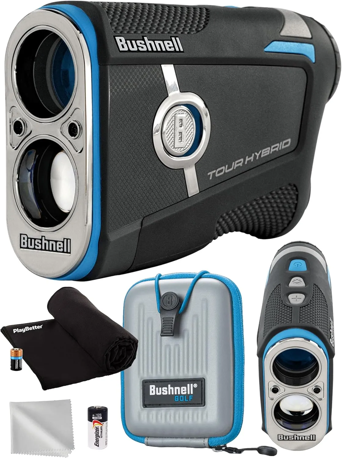 Bushnell Golf Tour Hybrid Onboard & Slope GPS Golf Rangefinder Bundle - PinSeeker with JOLT, 6X Mag with Premium Carrying Case, Microfiber Cloth, PlayBetter Microfiber Towel & Extra CR2 Battery