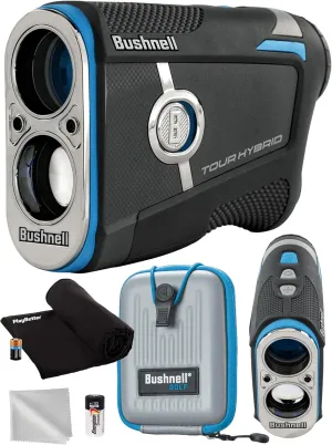 Bushnell Golf Tour Hybrid Onboard & Slope GPS Golf Rangefinder Bundle - PinSeeker with JOLT, 6X Mag with Premium Carrying Case, Microfiber Cloth, PlayBetter Microfiber Towel & Extra CR2 Battery