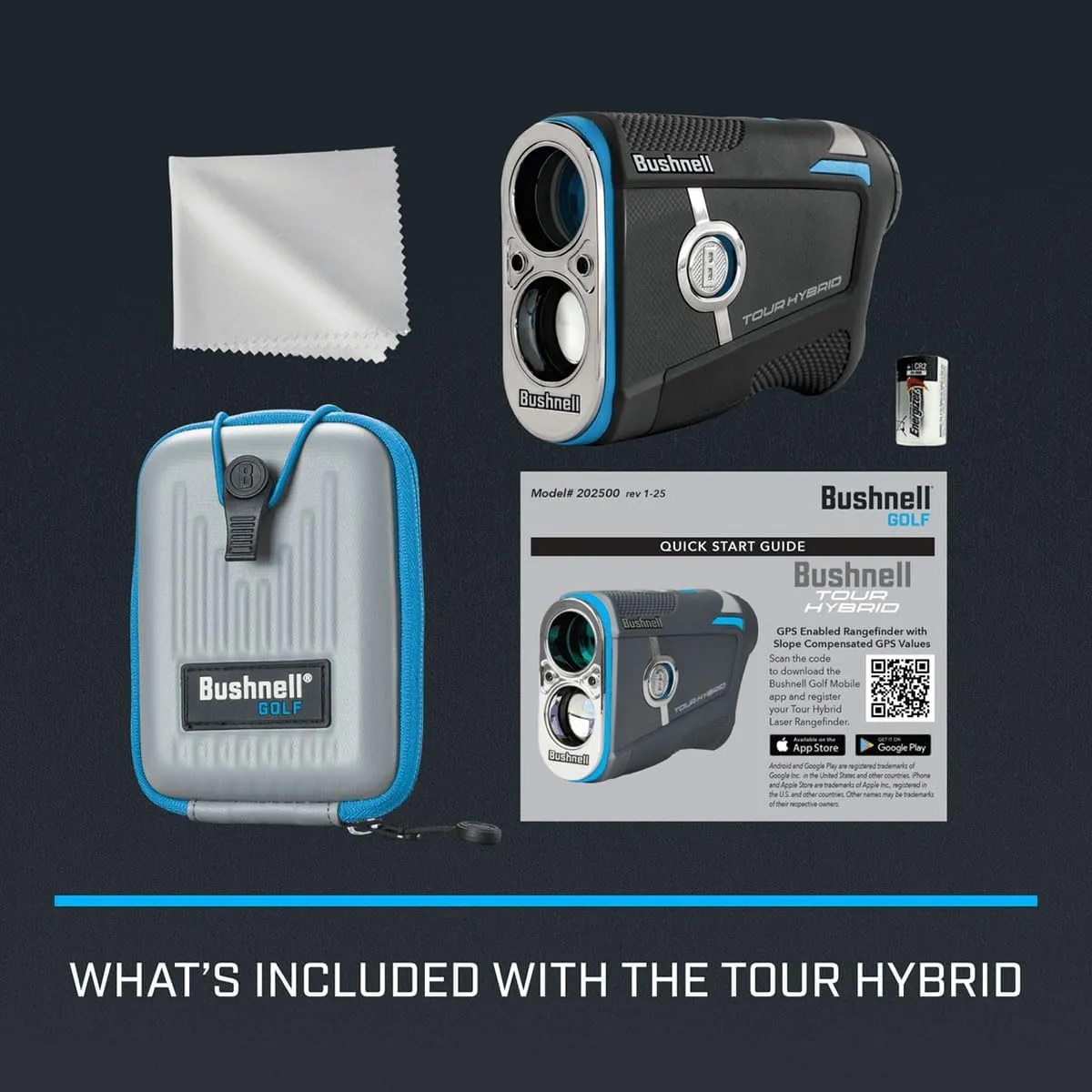 Bushnell Golf Tour Hybrid Onboard & Slope GPS Golf Rangefinder Gift Box Bundle - PinSeeker with JOLT, 6X Mag with Carrying Case, Microfiber Cloth, PlayBetter Microfiber Towel & Extra CR2 Battery