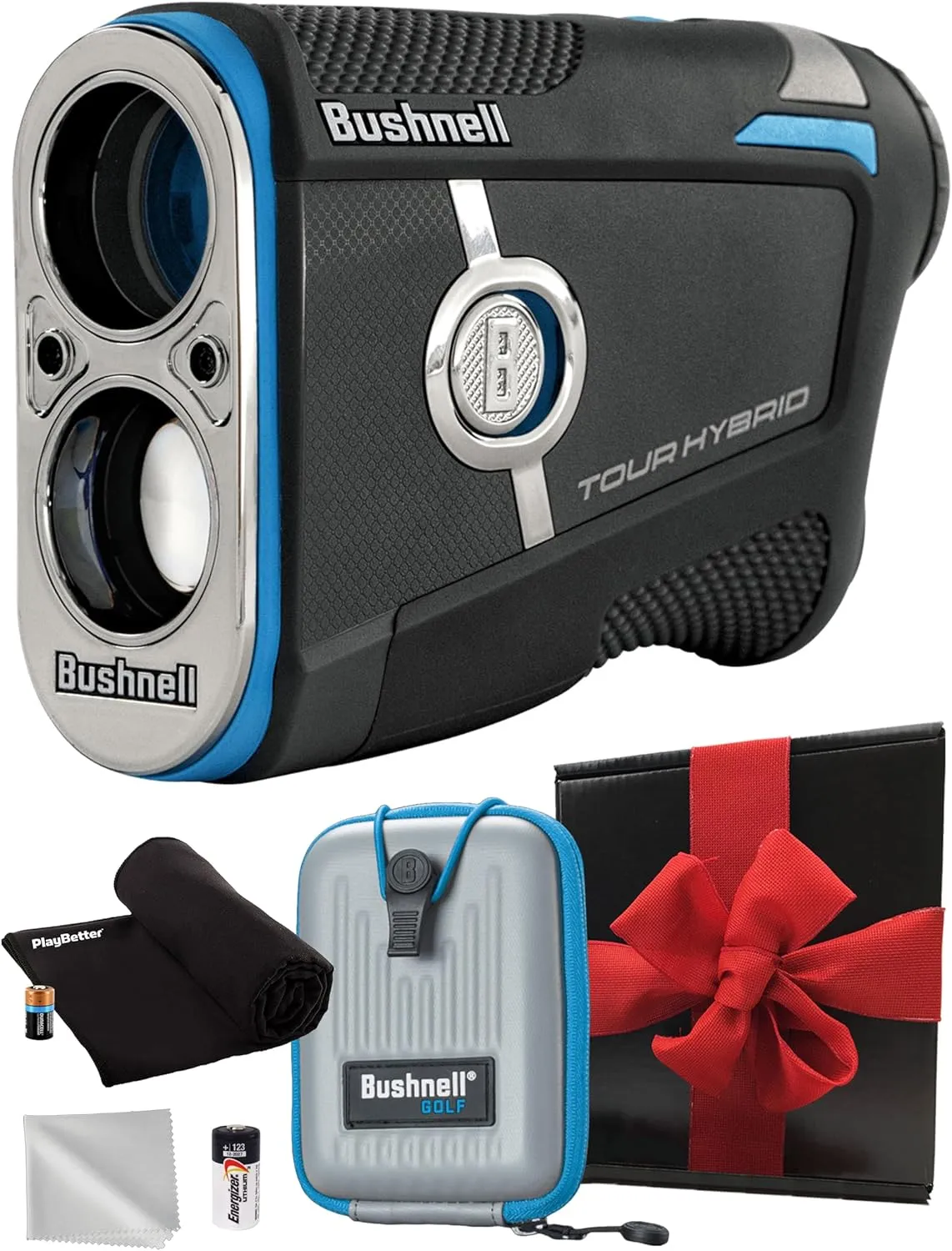 Bushnell Golf Tour Hybrid Onboard & Slope GPS Golf Rangefinder Gift Box Bundle - PinSeeker with JOLT, 6X Mag with Carrying Case, Microfiber Cloth, PlayBetter Microfiber Towel & Extra CR2 Battery