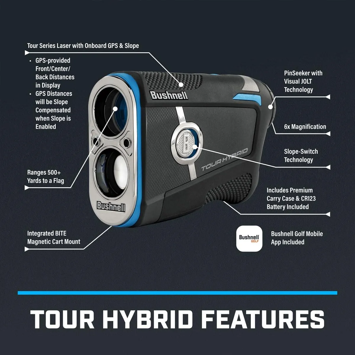 Bushnell Golf Tour Hybrid Onboard & Slope GPS Golf Rangefinder Gift Box Bundle - PinSeeker with JOLT, 6X Mag with Carrying Case, Microfiber Cloth, PlayBetter Microfiber Towel & Extra CR2 Battery