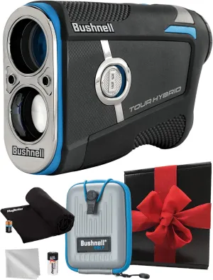Bushnell Golf Tour Hybrid Onboard & Slope GPS Golf Rangefinder Gift Box Bundle - PinSeeker with JOLT, 6X Mag with Carrying Case, Microfiber Cloth, PlayBetter Microfiber Towel & Extra CR2 Battery