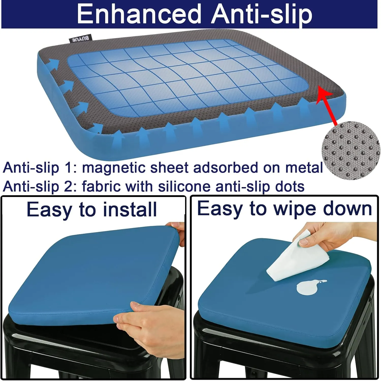 BUYUE Enhanced Anti-Slip Magnetic Bar Stool Cushion 1 Piece, Luxury PU Leather Waterproof Small Seat Cushion for Café Bistro Stackable Metal Stool (Square, Blue, 1)