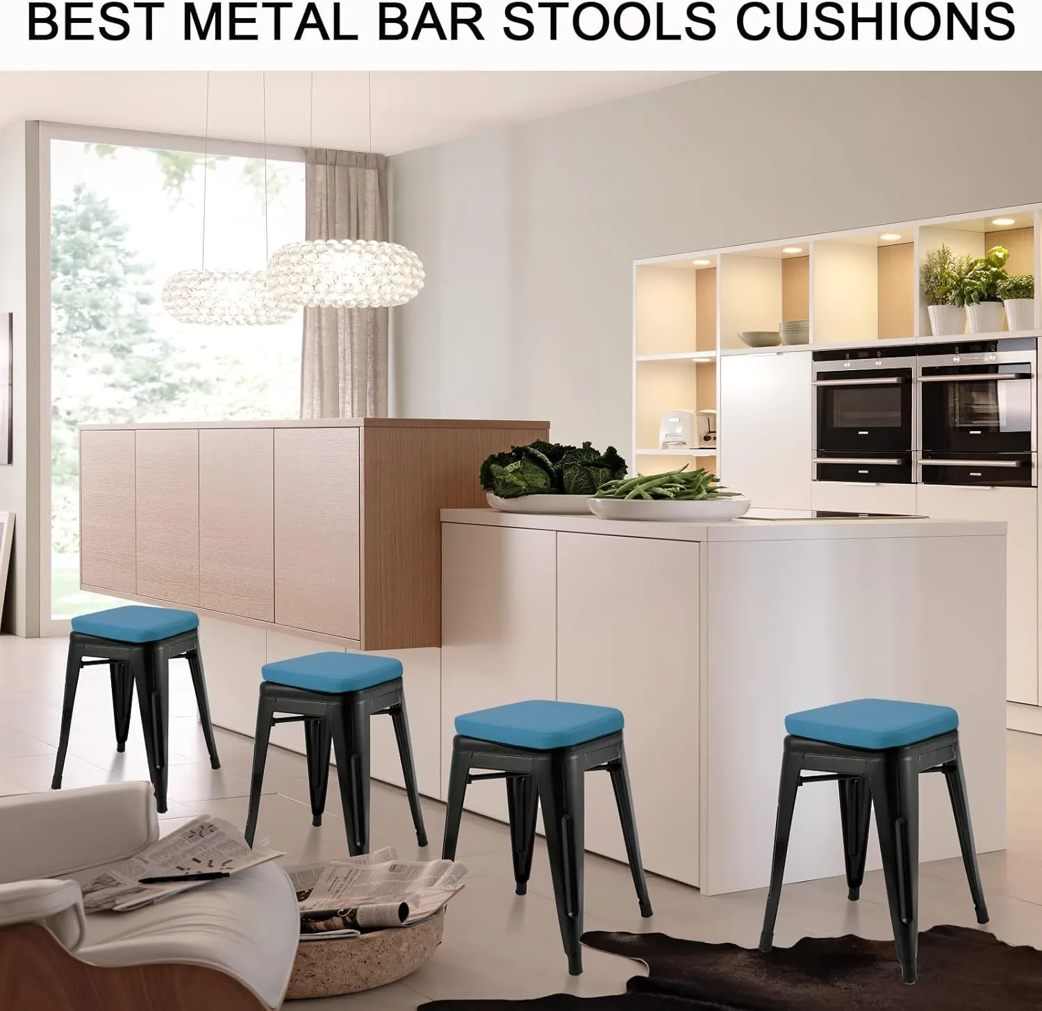 BUYUE Enhanced Anti-Slip Magnetic Bar Stool Cushion 1 Piece, Luxury PU Leather Waterproof Small Seat Cushion for Café Bistro Stackable Metal Stool (Square, Blue, 1)