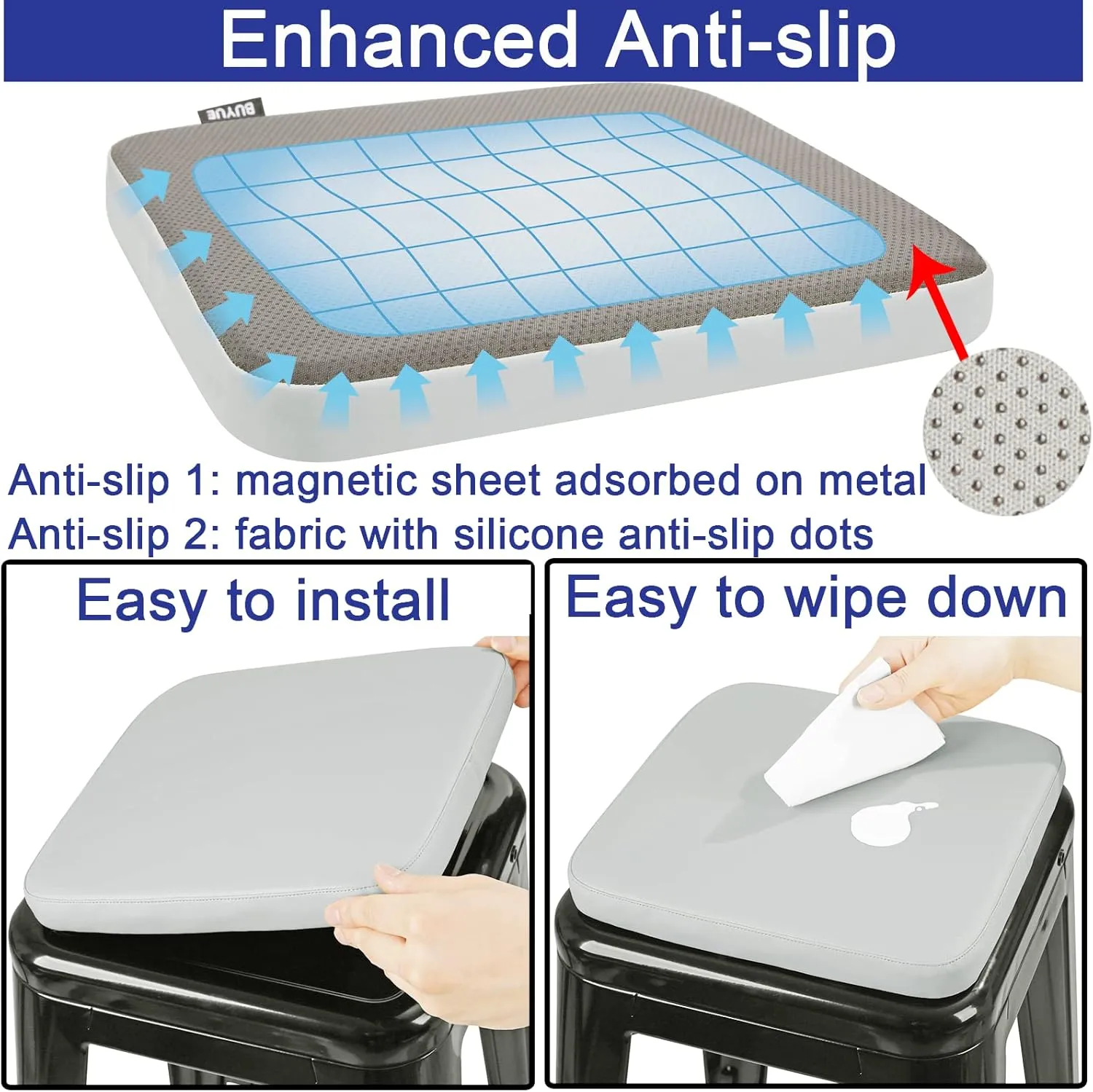 BUYUE Enhanced Anti-Slip Magnetic Bar Stool Cushion 1 Piece, Luxury PU Leather Waterproof Small Seat Cushion for Café Bistro Stackable Metal Stool (Square, Light Gray, 1)