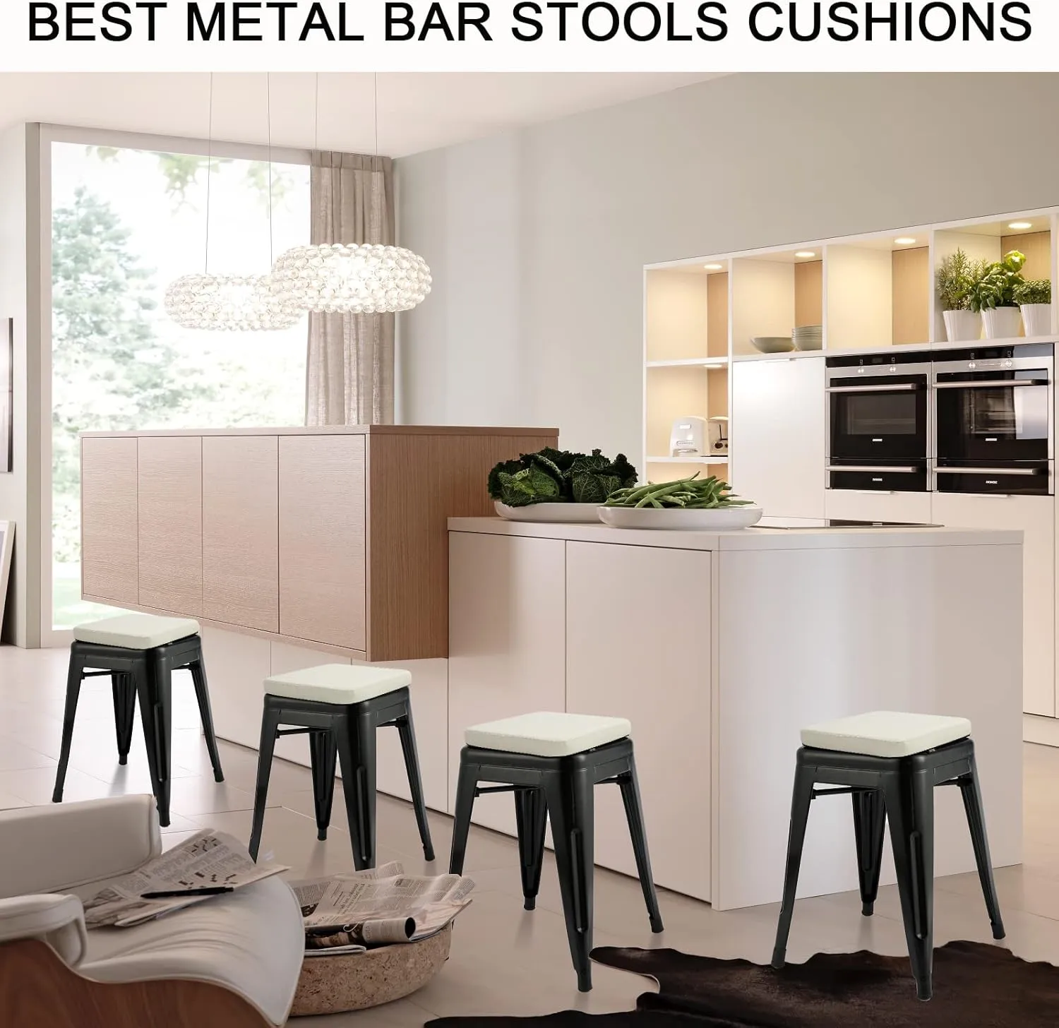 BUYUE Enhanced Anti-Slip Magnetic Bar Stool Cushion 1 Piece, Luxury PU Leather Waterproof Small Seat Cushion for Café Bistro Stackable Metal Stool (Square, Off-White, 1)