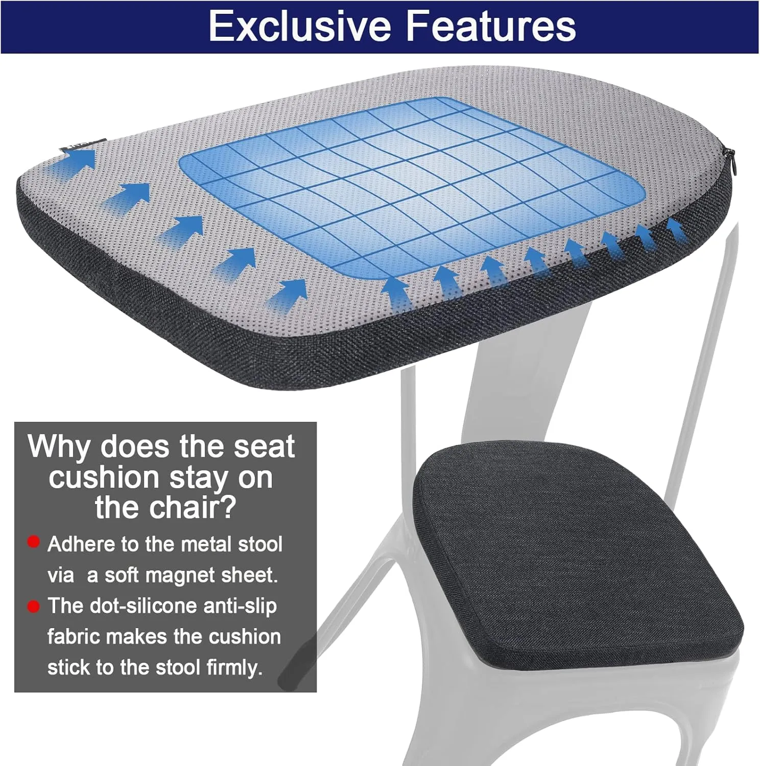 BUYUE Friendly Woven Fabric 14x14 Magnetic Cushions for Metal Chair Set of 4, Enhanced Anti-Slip Seat Pads for Dining Kitchen Café Stackable Chairs (U-Shape, Black, 4 Counts)