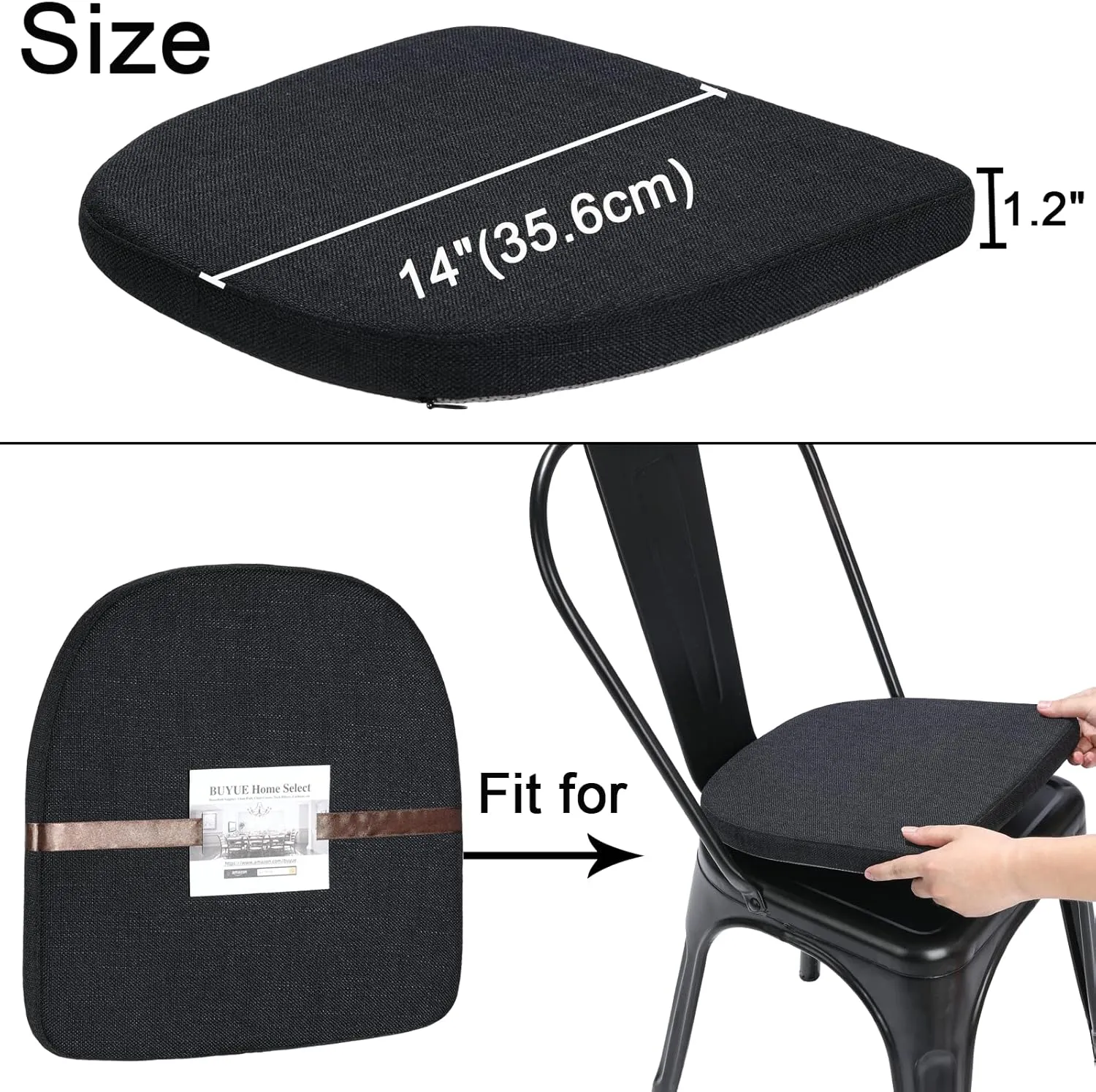 BUYUE Friendly Woven Fabric 14x14 Magnetic Cushions for Metal Chair Set of 4, Enhanced Anti-Slip Seat Pads for Dining Kitchen Café Stackable Chairs (U-Shape, Black, 4 Counts)