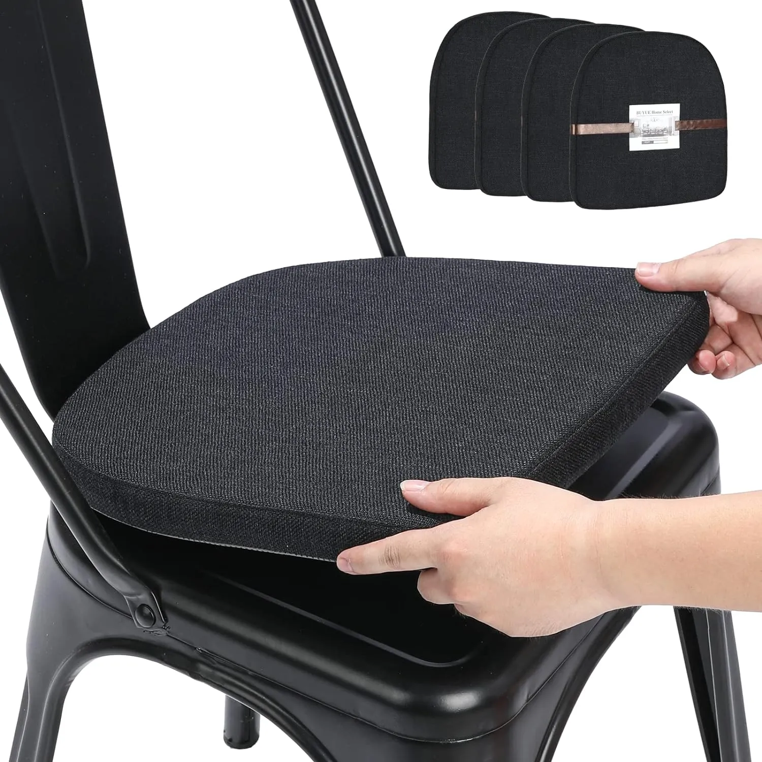 BUYUE Friendly Woven Fabric 14x14 Magnetic Cushions for Metal Chair Set of 4, Enhanced Anti-Slip Seat Pads for Dining Kitchen Café Stackable Chairs (U-Shape, Black, 4 Counts)