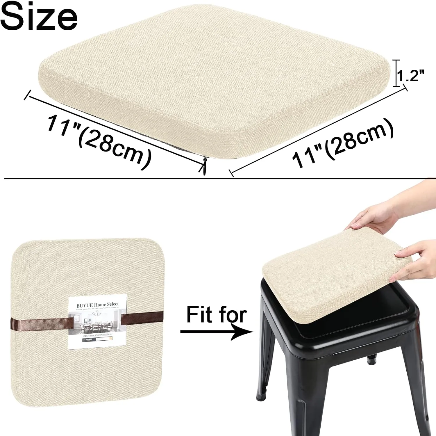 BUYUE Friendly Woven Fabric Magnetic Bar Stool Cushion 1 Piece, Enhanced Anti-Slip Breathable Small Chair Seat Pad for Café Bistro Stackable Metal Stool (Square, Beige, 1)