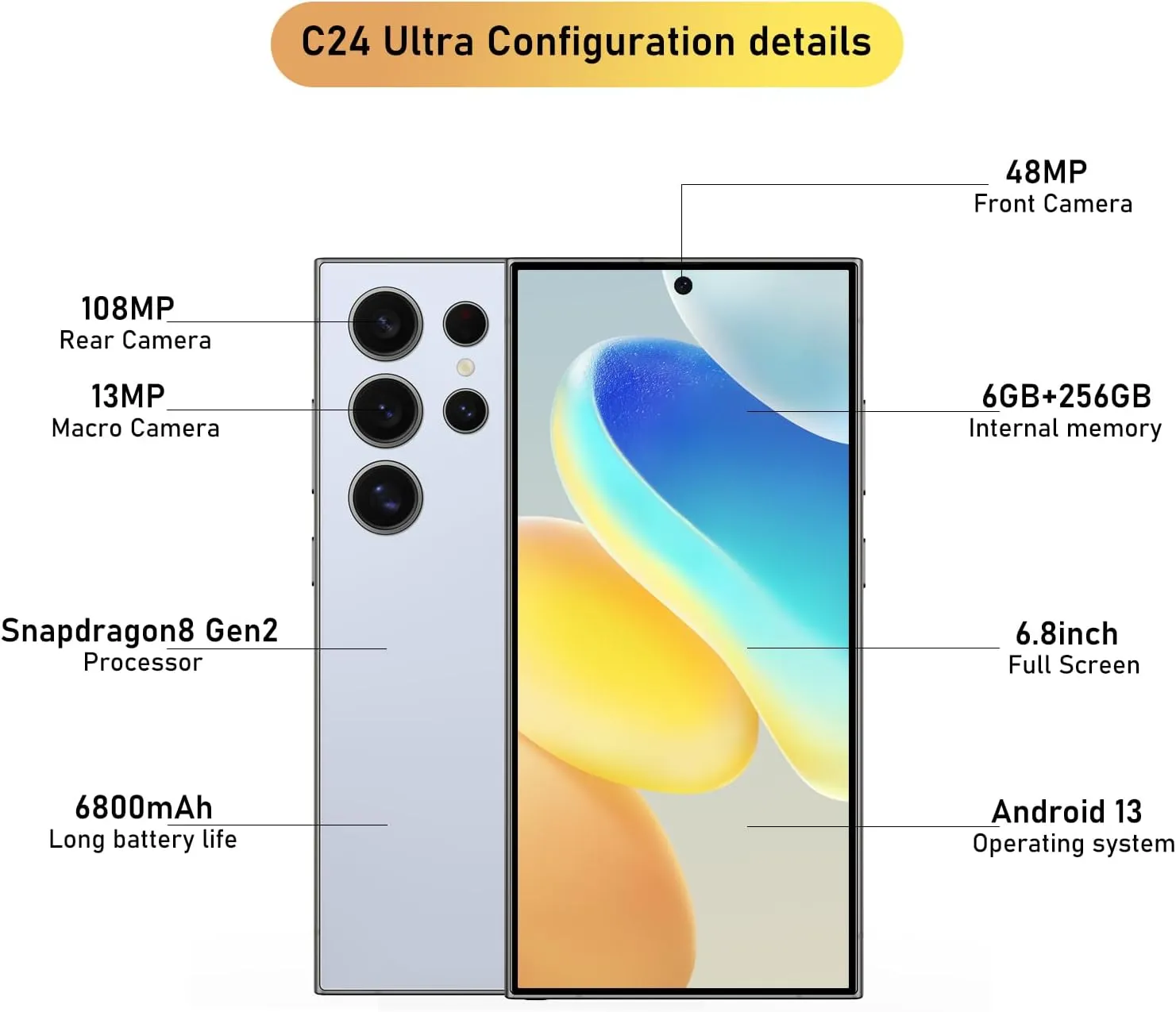 C24 Ultra 5G Smartphone 6 256GB Unlocked Phone,48 108MP Zoom Camera，6800mAh 6.8" HD Screen Unlocked Cell PhoneAndroid 13.0,Face ID/Fingerprint Lock/GPS Phone,Built-in Pen (Blue)