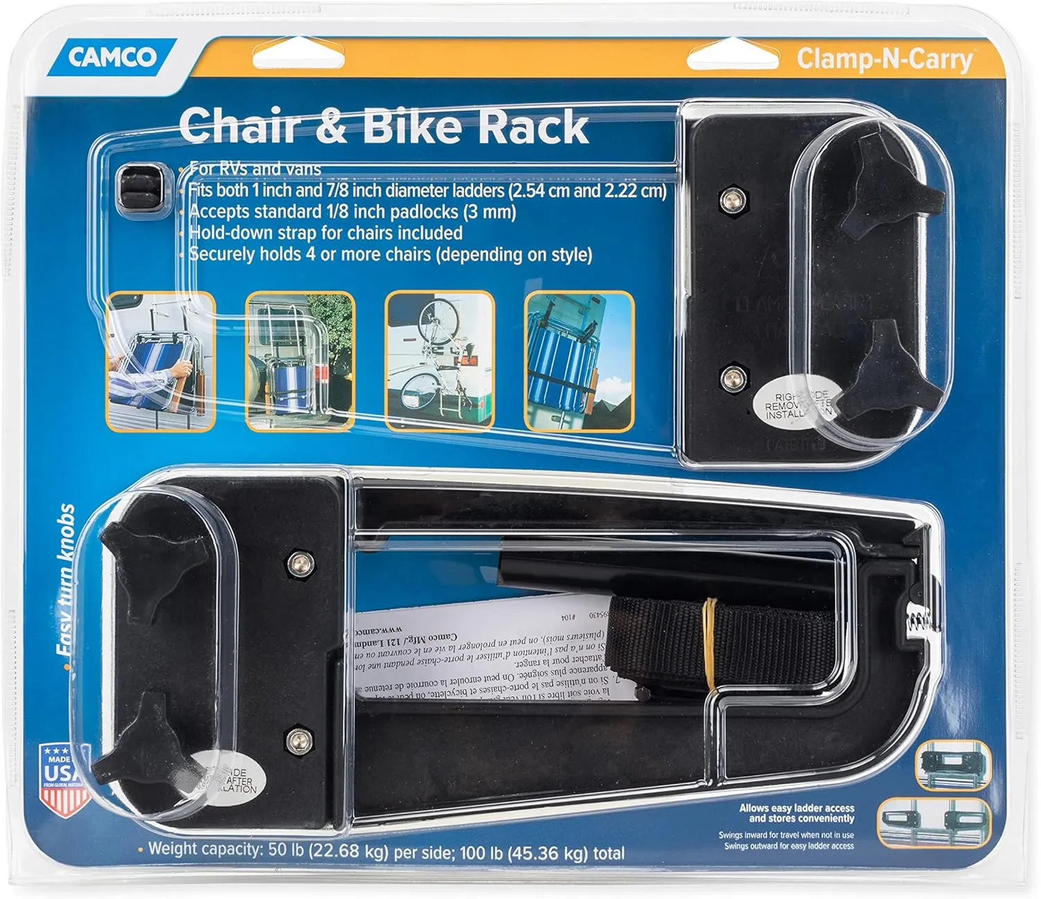 Camco Clamp-N-Carry Lockable Chair and Bike Rack | Designed to Hold a Bike or 4 or More Chairs on RV Ladder | (51430)
