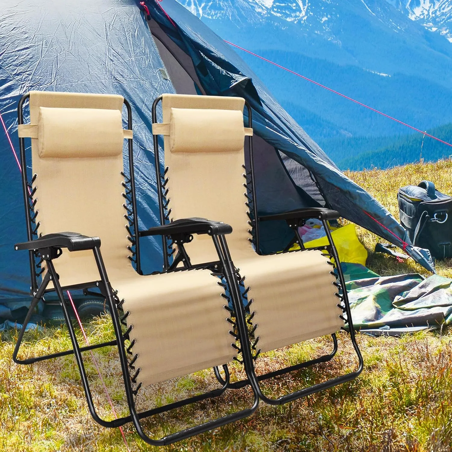 Canopy Infinity Zero Gravity Steel Frame Patio Deck Chair, Beige (Pair)