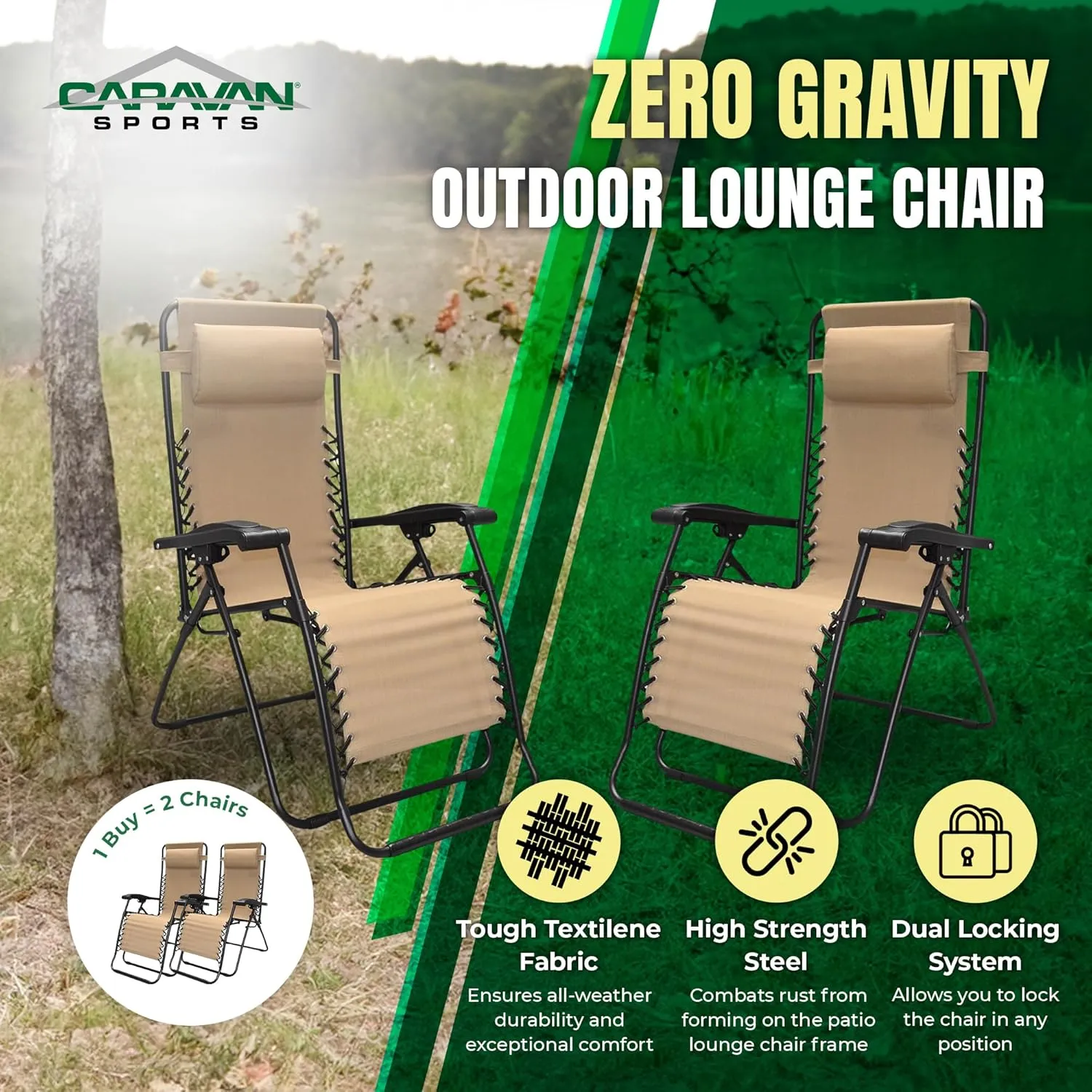 Canopy Infinity Zero Gravity Steel Frame Patio Deck Chair, Beige (Pair)