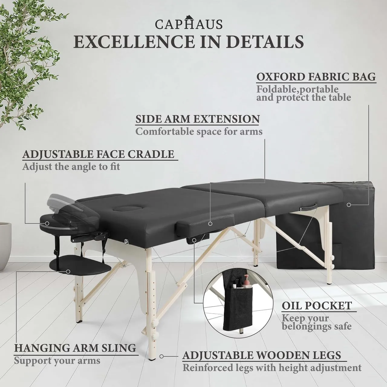 CAPHAUS Premium Memory Foam Massage Table, 84 Inch Foldable & Portable, Height Adjustable Spa Bed, Facial Cradle Salon Bed, Wooden Legs & Carry Case, 32 Inch Wide, Black