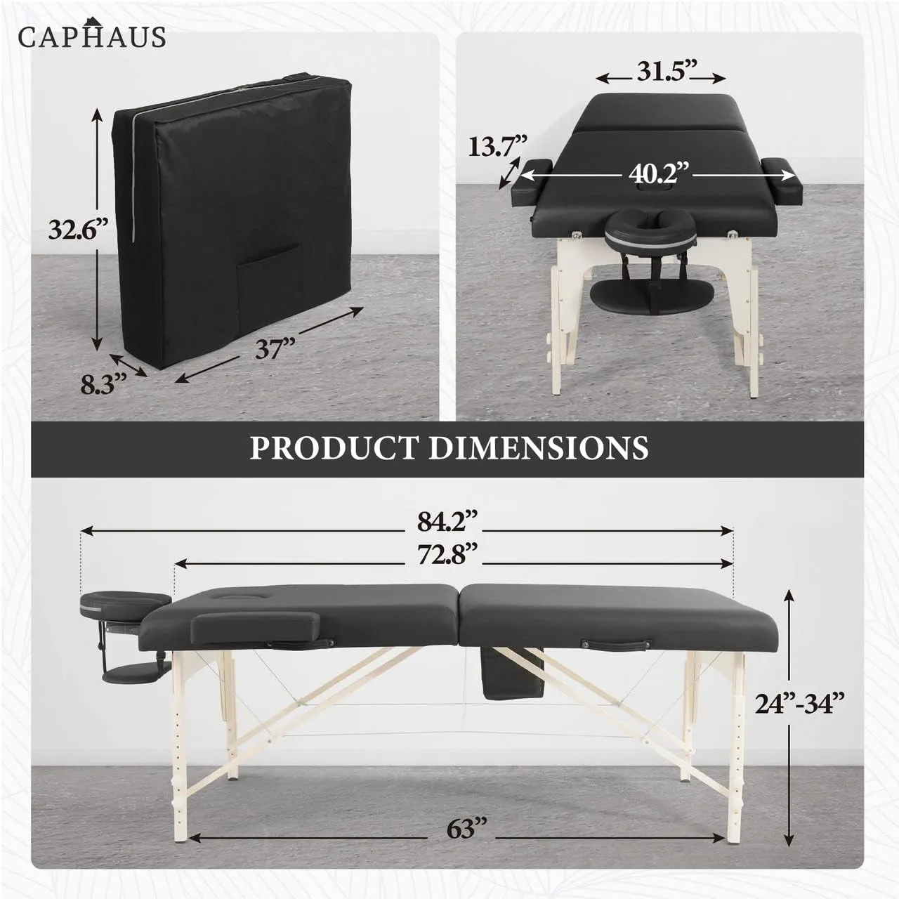CAPHAUS Premium Memory Foam Massage Table, 84 Inch Foldable & Portable, Height Adjustable Spa Bed, Facial Cradle Salon Bed, Wooden Legs & Carry Case, 32 Inch Wide, Black