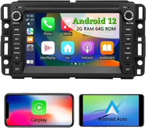 Car Stereo Radio for Chevrolet Chevy Silverado Tahoe GMC Sierra Yukon, Android 12 with CarPlay Android Auto Bluetooth GPS Navigation Touch Screen Head Unit, 7 Inch IPS Screen 2GB RAM  64GB ROM