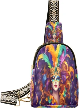 Carnival Mask Small Sling Bag for Women Pu Leather Crossbody Bag Casual Chest Bag with Adjustable Shoulder for Travel Shopping
