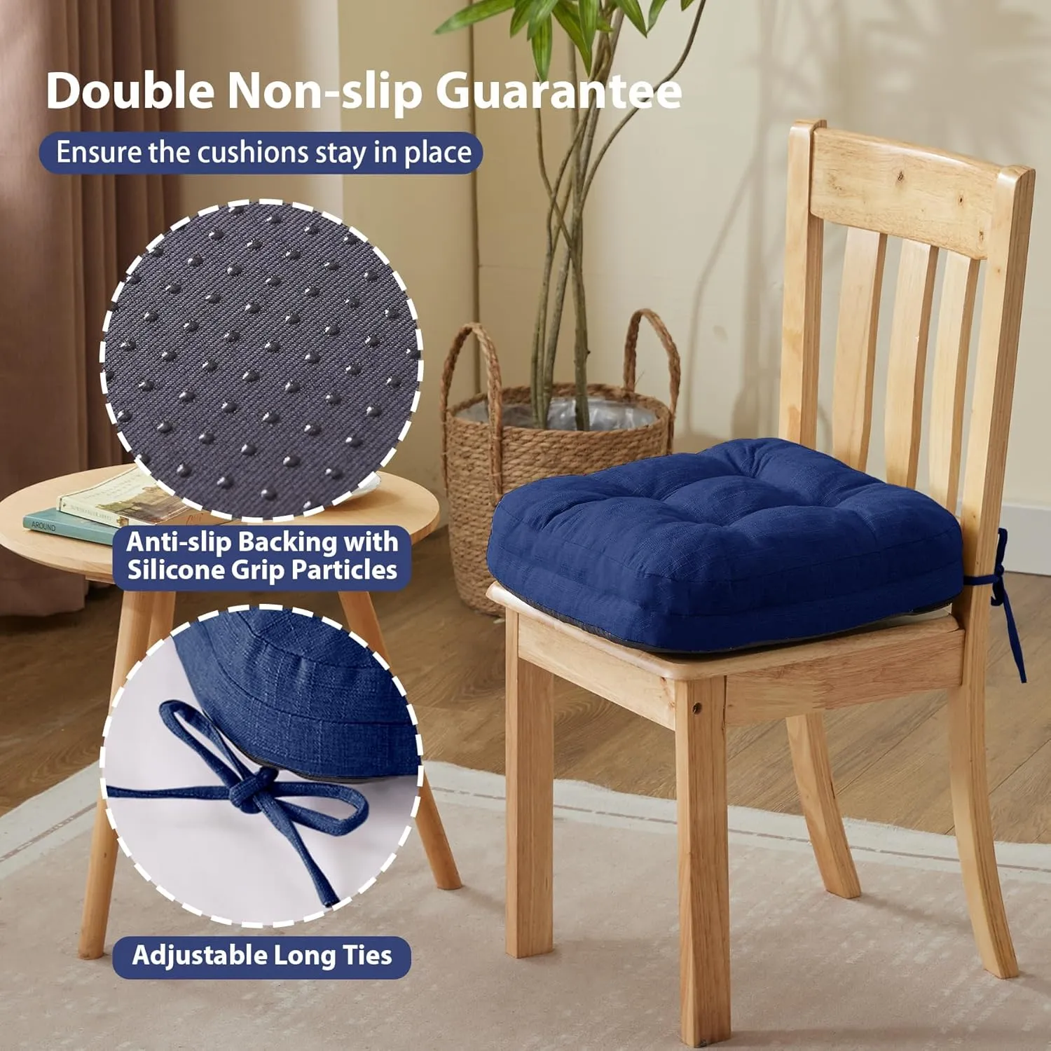Chair Cushions, Dining Chair Cushions, Tufted Indoor Chair Pads, Set of 4, Navy Blue, 16.5'' x 16.5'' x 3.5''