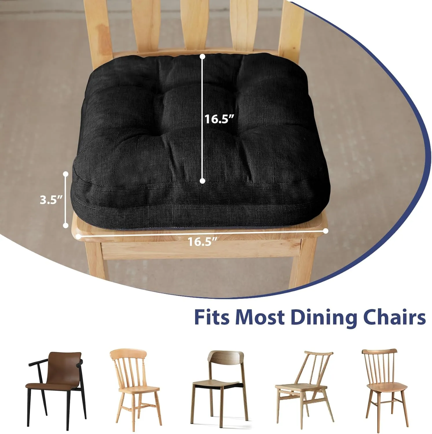 Chair Cushions, Foam Dining Chair Cushions, Tufted Indoor Chair Pads,16.5” x 16.5” x 3.5”, Set of 4, Black