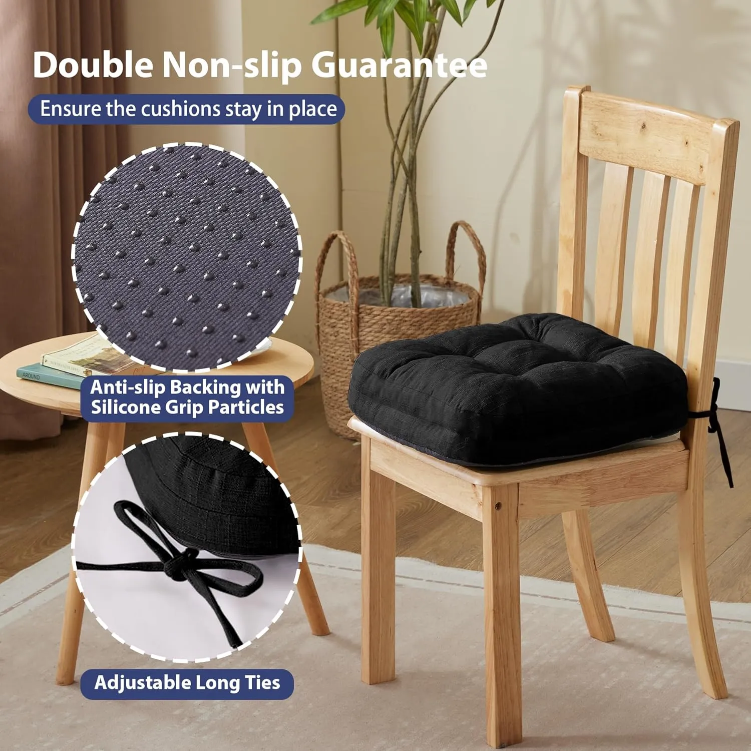 Chair Cushions, Foam Dining Chair Cushions, Tufted Indoor Chair Pads,16.5” x 16.5” x 3.5”, Set of 4, Black