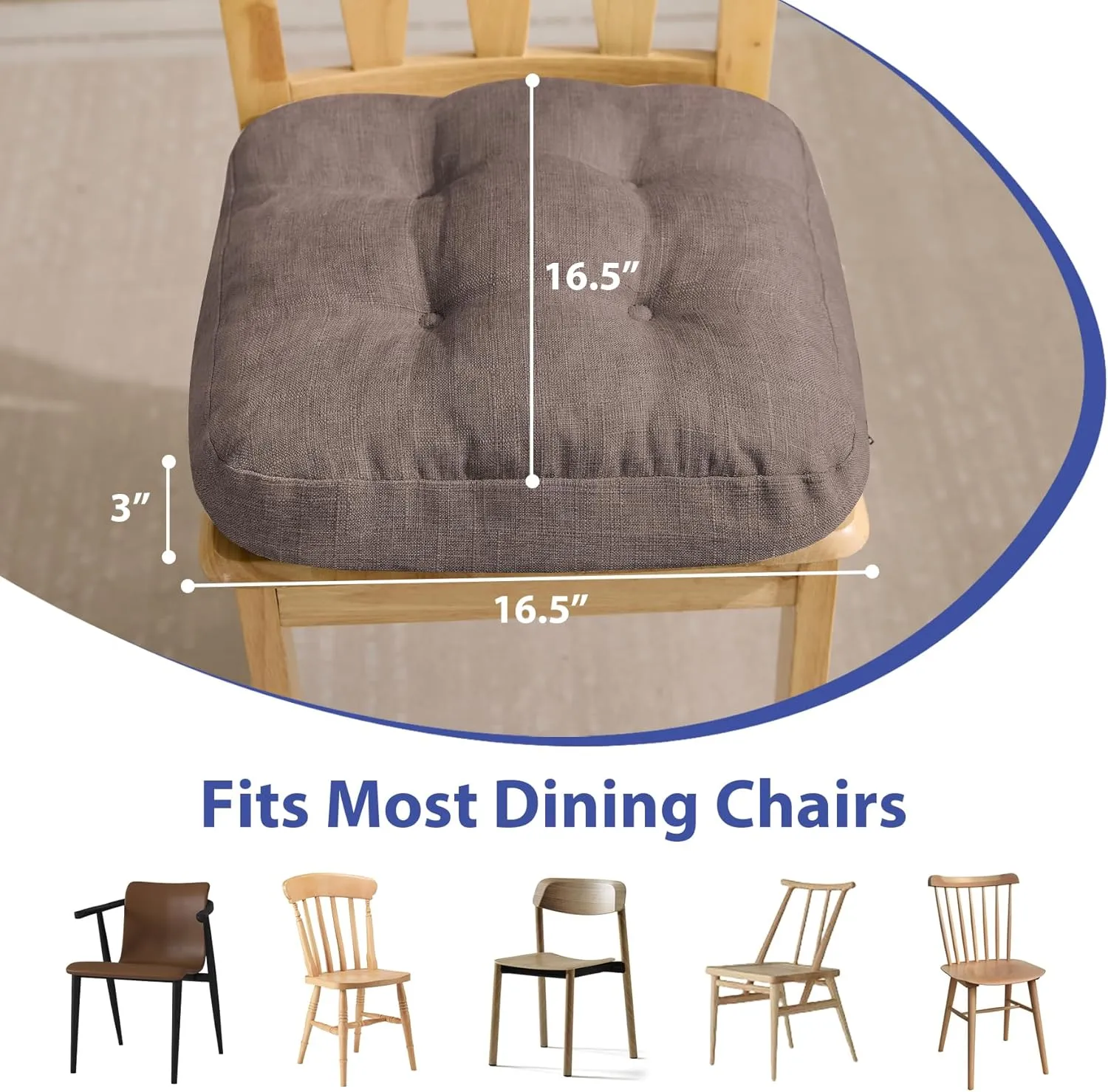 Chair Cushions for Dining Chairs, Dining Chair Cushions, Tufted Indoor Chair Pads with Ties & Non Slip Backing, Seat Cushions for Kitchen Chairs 16.5” x 16.5” x 3.5”, Set of 4, Khaki