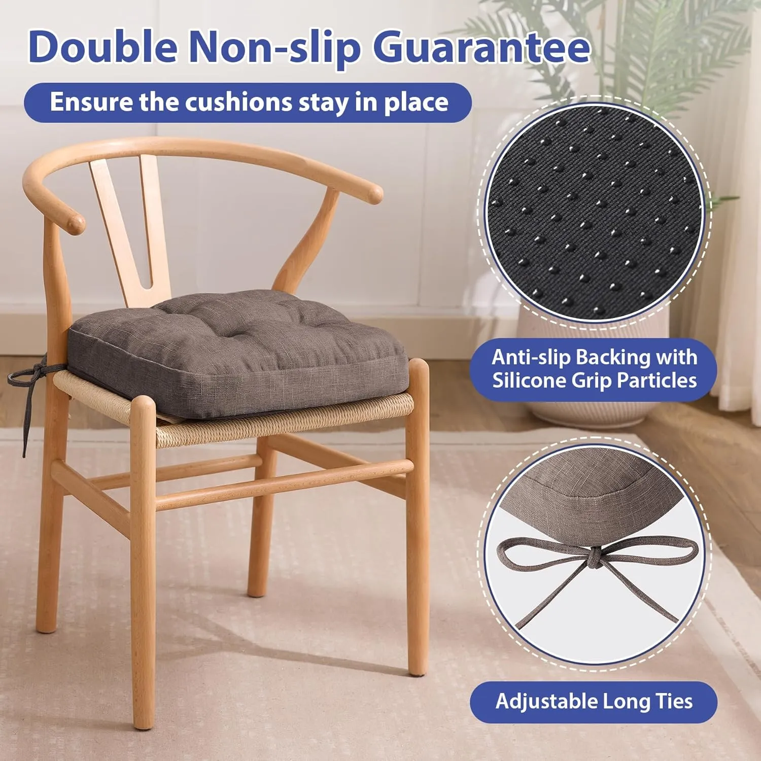 Chair Cushions for Dining Chairs, Dining Chair Cushions, Tufted Indoor Chair Pads with Ties & Non Slip Backing, Seat Cushions for Kitchen Chairs 16.5” x 16.5” x 3.5”, Set of 4, Khaki