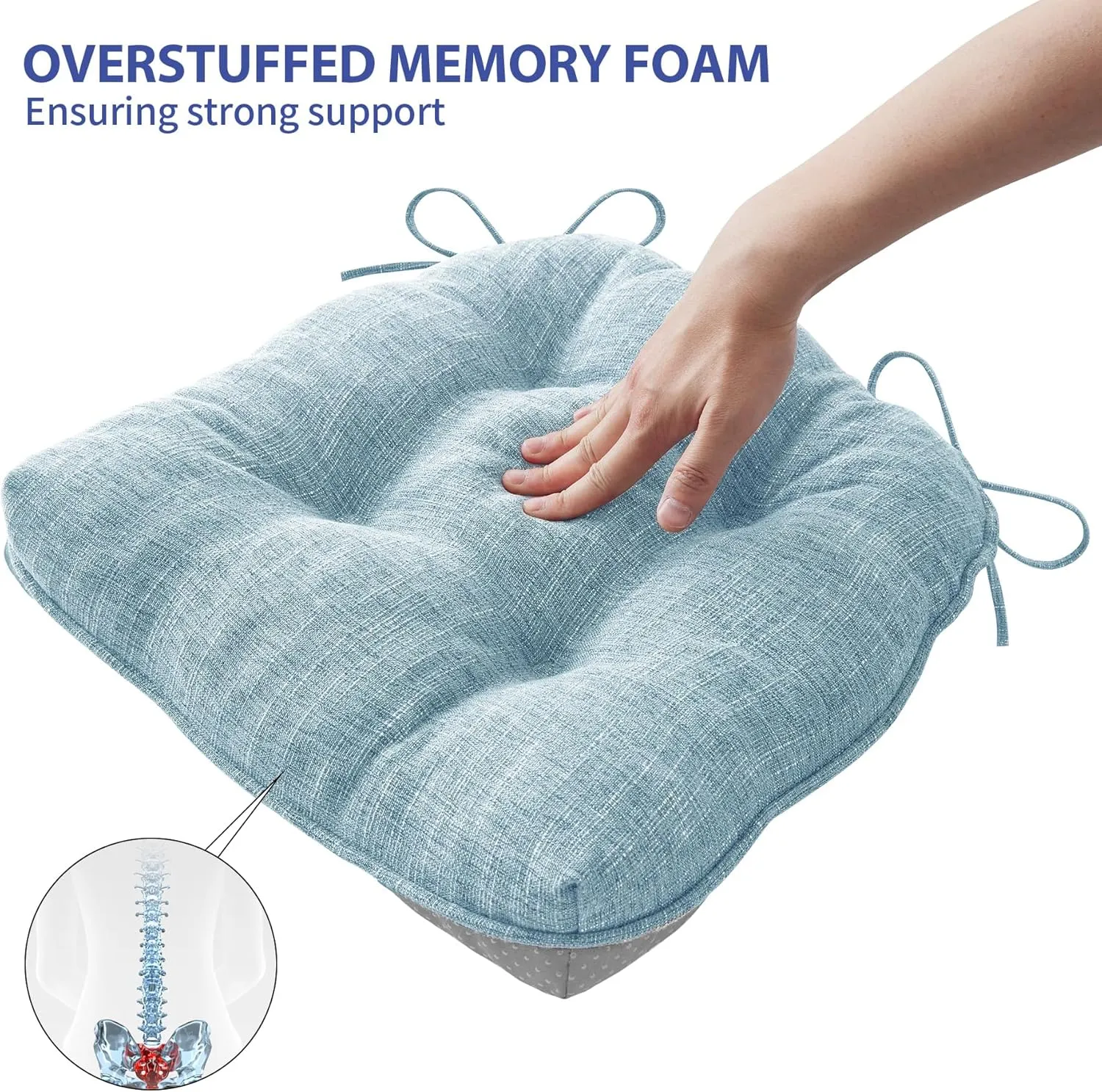 Chair Cushions for Dining Chairs Set of 4, Kitchen Chair Cushions, Chair Pads with Ties and Non Slip Backing, Tufted Memory Foam Seat Cushion 4 Pack, 15.5" x 15.5" x 4", Baby Blue