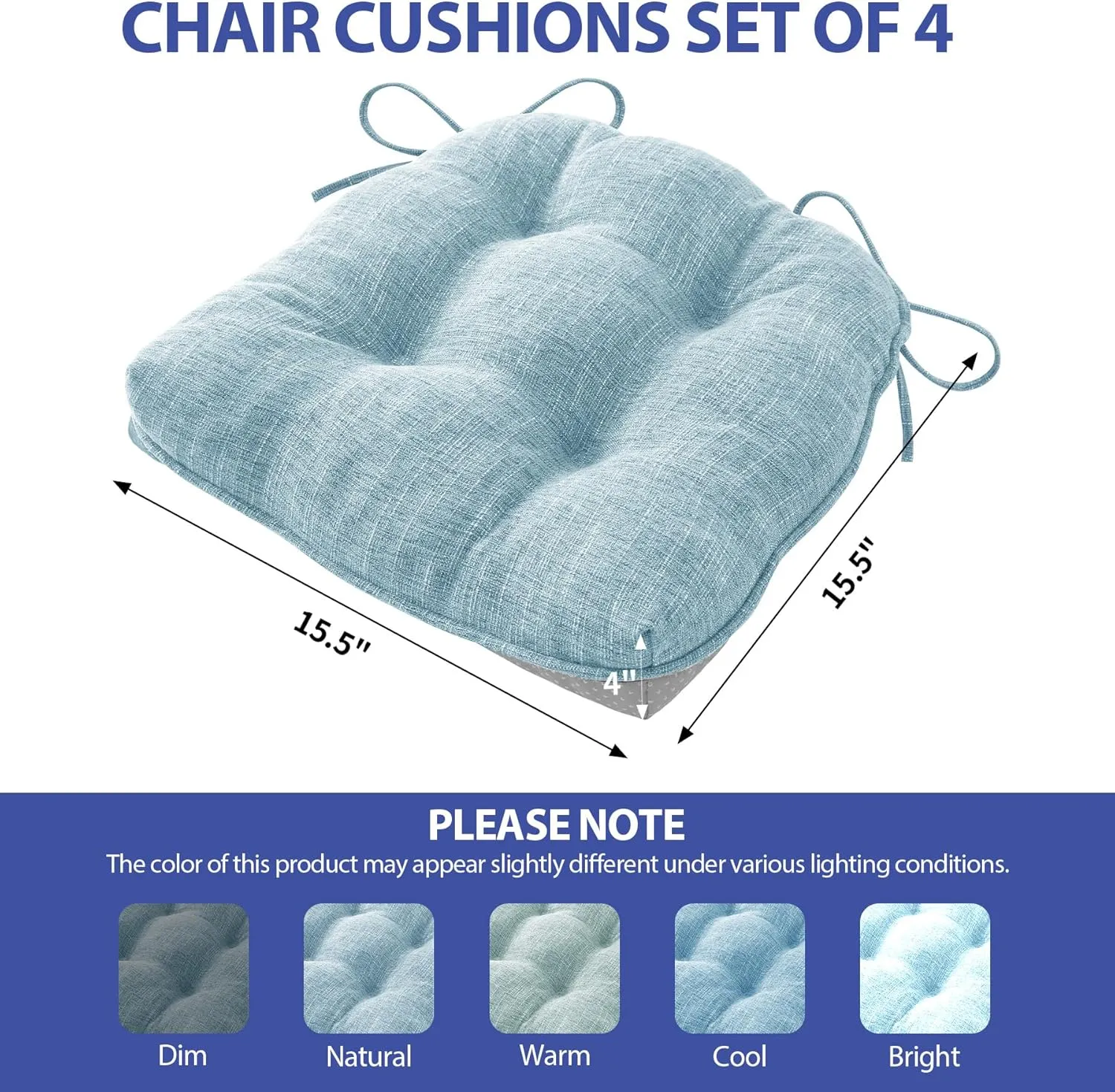 Chair Cushions for Dining Chairs Set of 4, Kitchen Chair Cushions, Chair Pads with Ties and Non Slip Backing, Tufted Memory Foam Seat Cushion 4 Pack, 15.5" x 15.5" x 4", Baby Blue