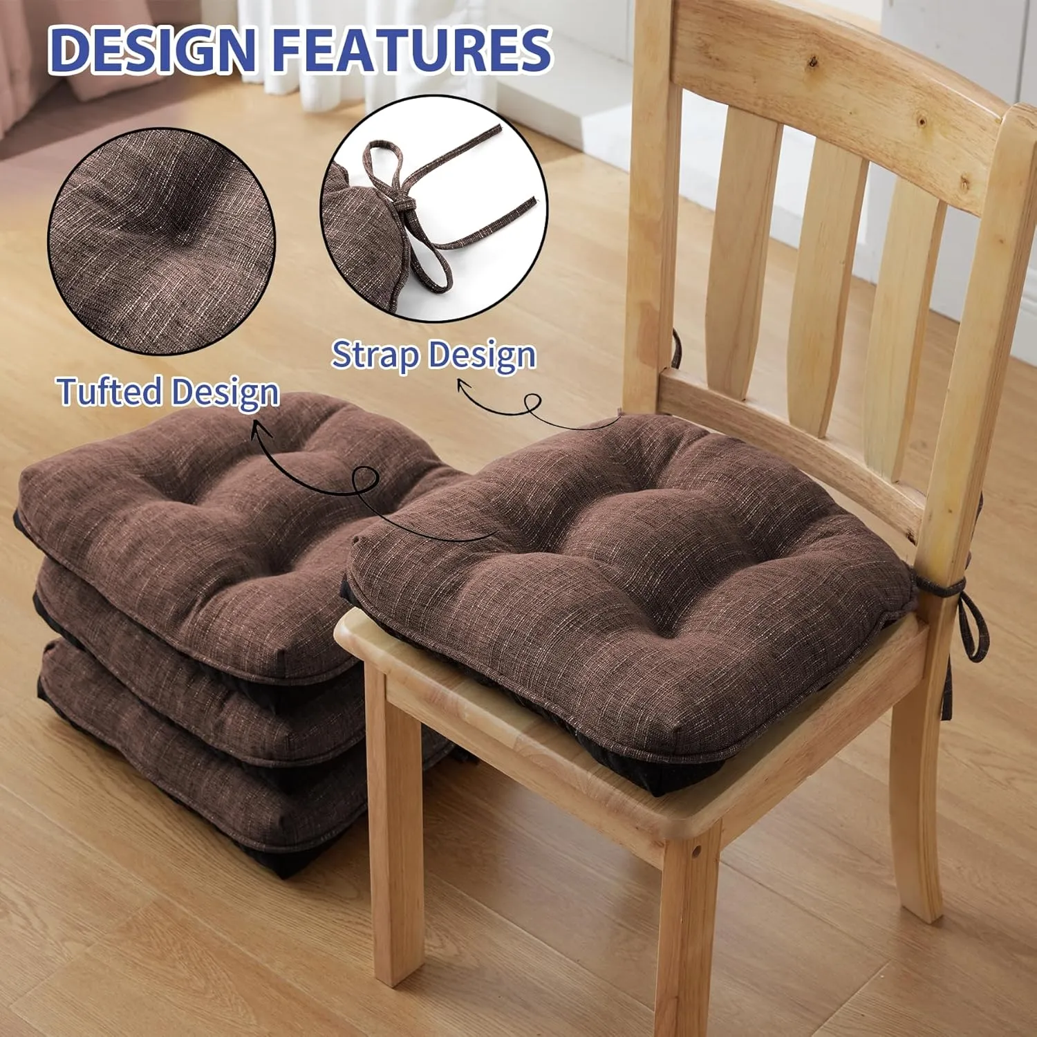 Chair Cushions for Dining Chairs Set of 4, Kitchen Chair Cushions, Chair Pads with Ties and Non Slip Backing, Tufted Memory Foam Seat Cushion 4 Pack, 15.5" x 15.5" x 4", Brown