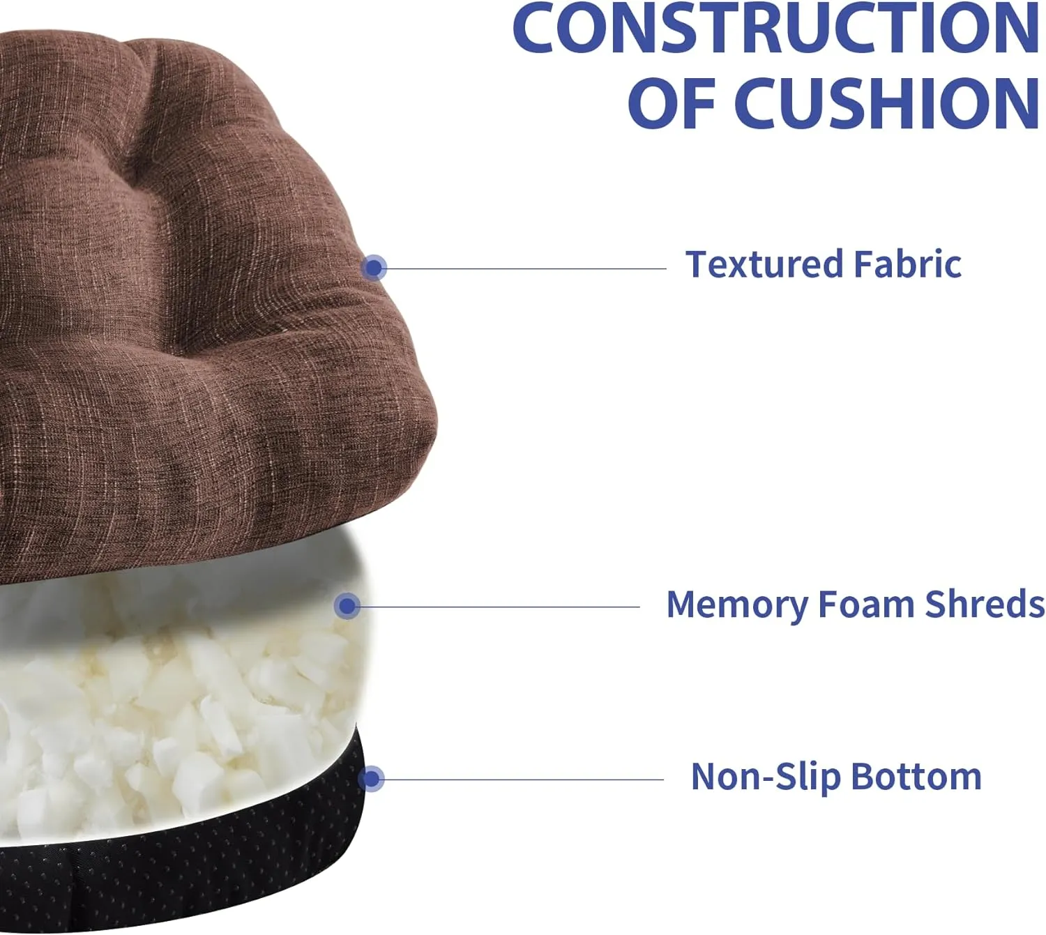 Chair Cushions for Dining Chairs Set of 4, Kitchen Chair Cushions, Chair Pads with Ties and Non Slip Backing, Tufted Memory Foam Seat Cushion 4 Pack, 15.5" x 15.5" x 4", Brown