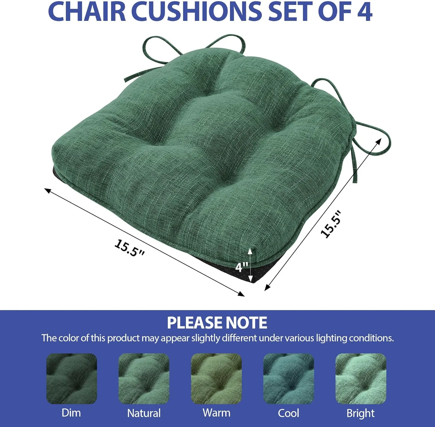 Chair Cushions for Dining Chairs Set of 4, Kitchen Chair Cushions, Chair Pads with Ties and Non Slip Backing, Tufted Memory Foam Seat Cushion 4 Pack, 15.5" x 15.5" x 4", Dark Green
