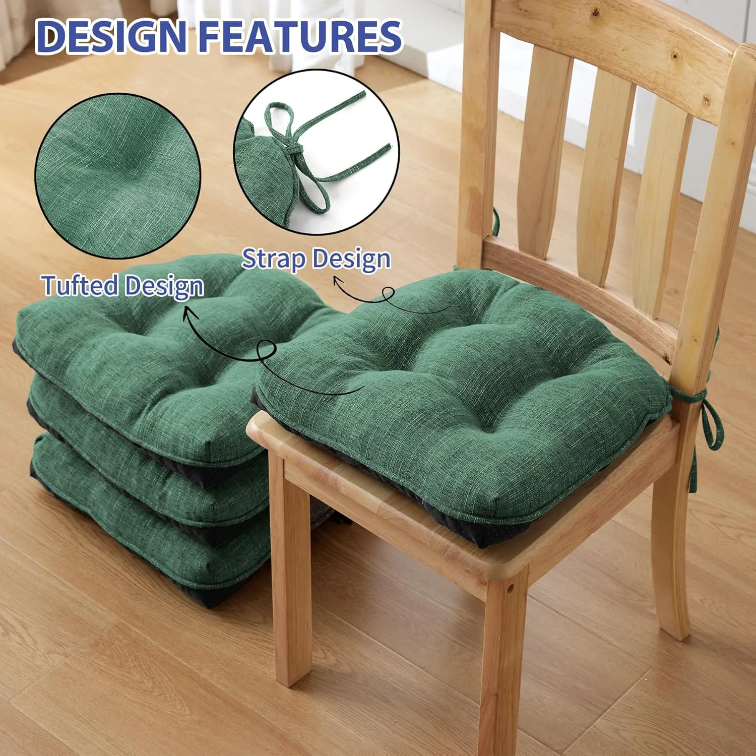 Chair Cushions for Dining Chairs Set of 4, Kitchen Chair Cushions, Chair Pads with Ties and Non Slip Backing, Tufted Memory Foam Seat Cushion 4 Pack, 15.5" x 15.5" x 4", Dark Green