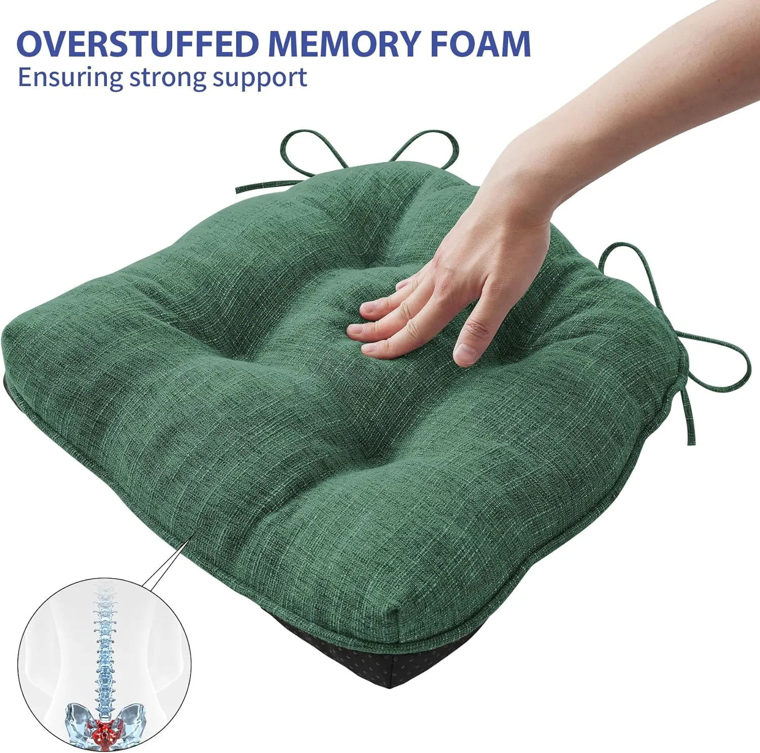 Chair Cushions for Dining Chairs Set of 4, Kitchen Chair Cushions, Chair Pads with Ties and Non Slip Backing, Tufted Memory Foam Seat Cushion 4 Pack, 15.5" x 15.5" x 4", Dark Green