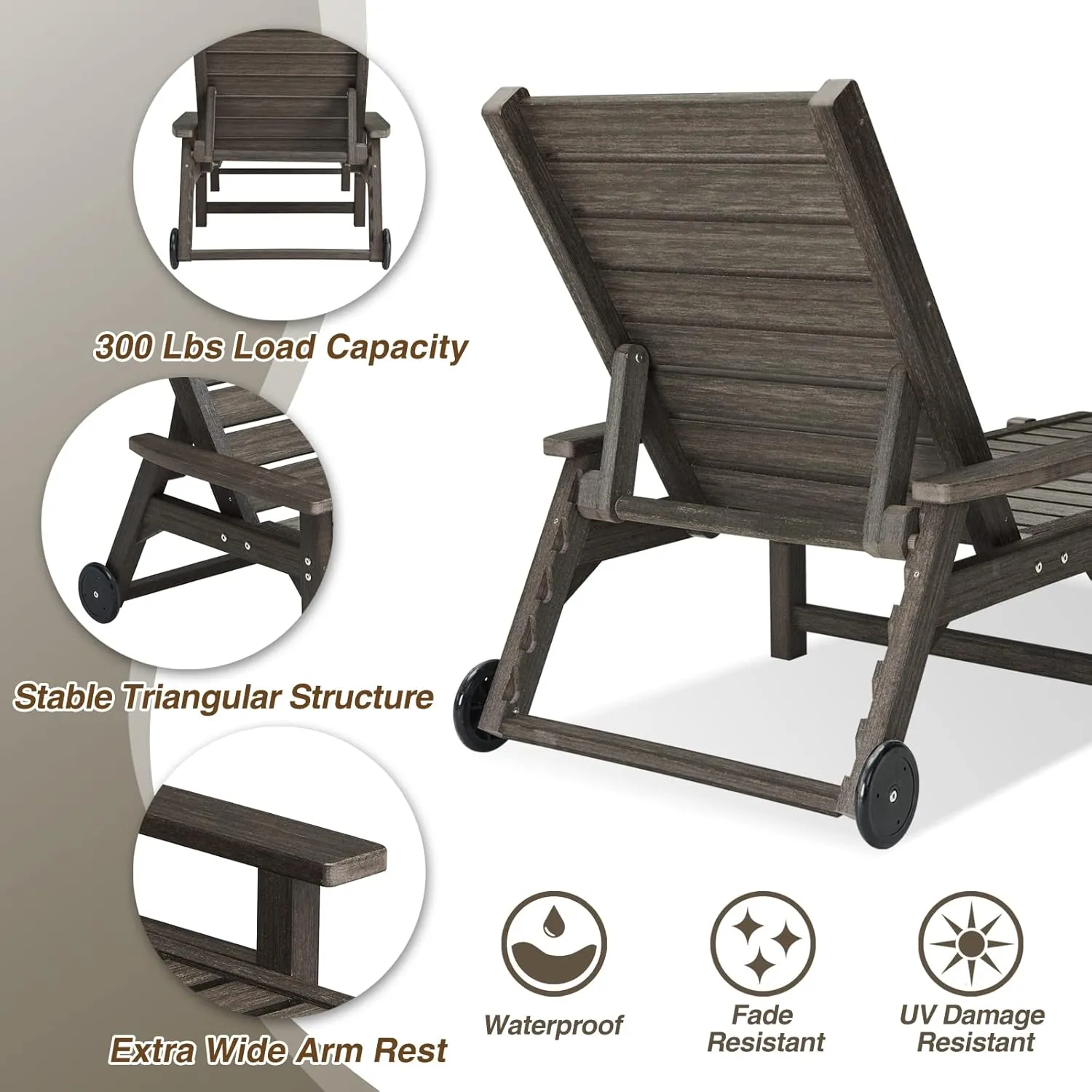 Chaise Lounge Chairs for Outside, HDPE Outdoor Lounge Chairs with Adjustable Backrest, Wheels, Armrest, All Weather Poly Lumber Recliner for Patio, Poolside, Porch (Dark Brown)