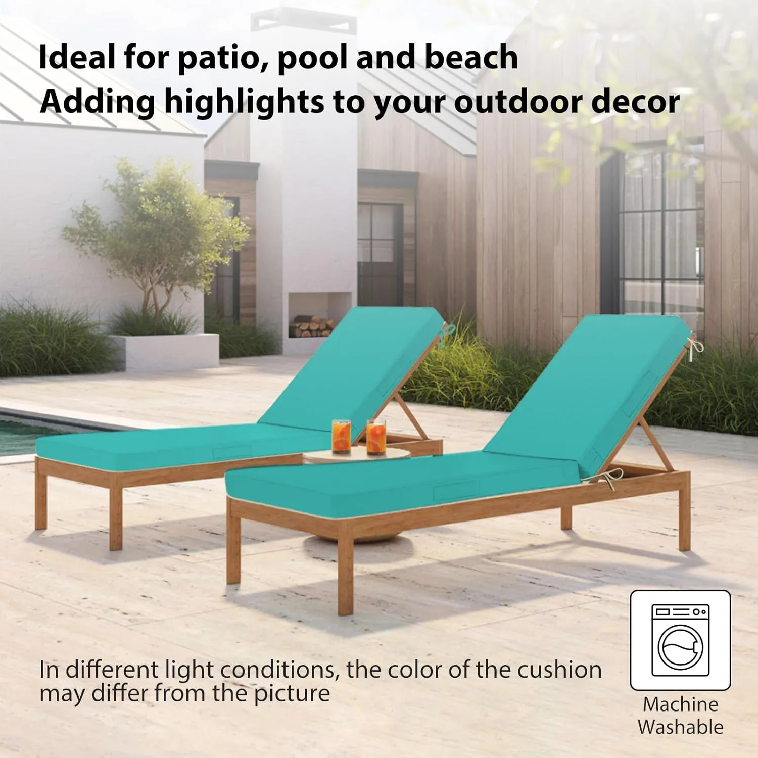 Chaise Lounge Cushions Outdoor, 72"x21"x3" Triple-Waterproof Outdoor Chair Cushions with Removable Cover, 4 Adjustable Ties Lounge Chair Cushions for Outdoor Furniture, Teal
