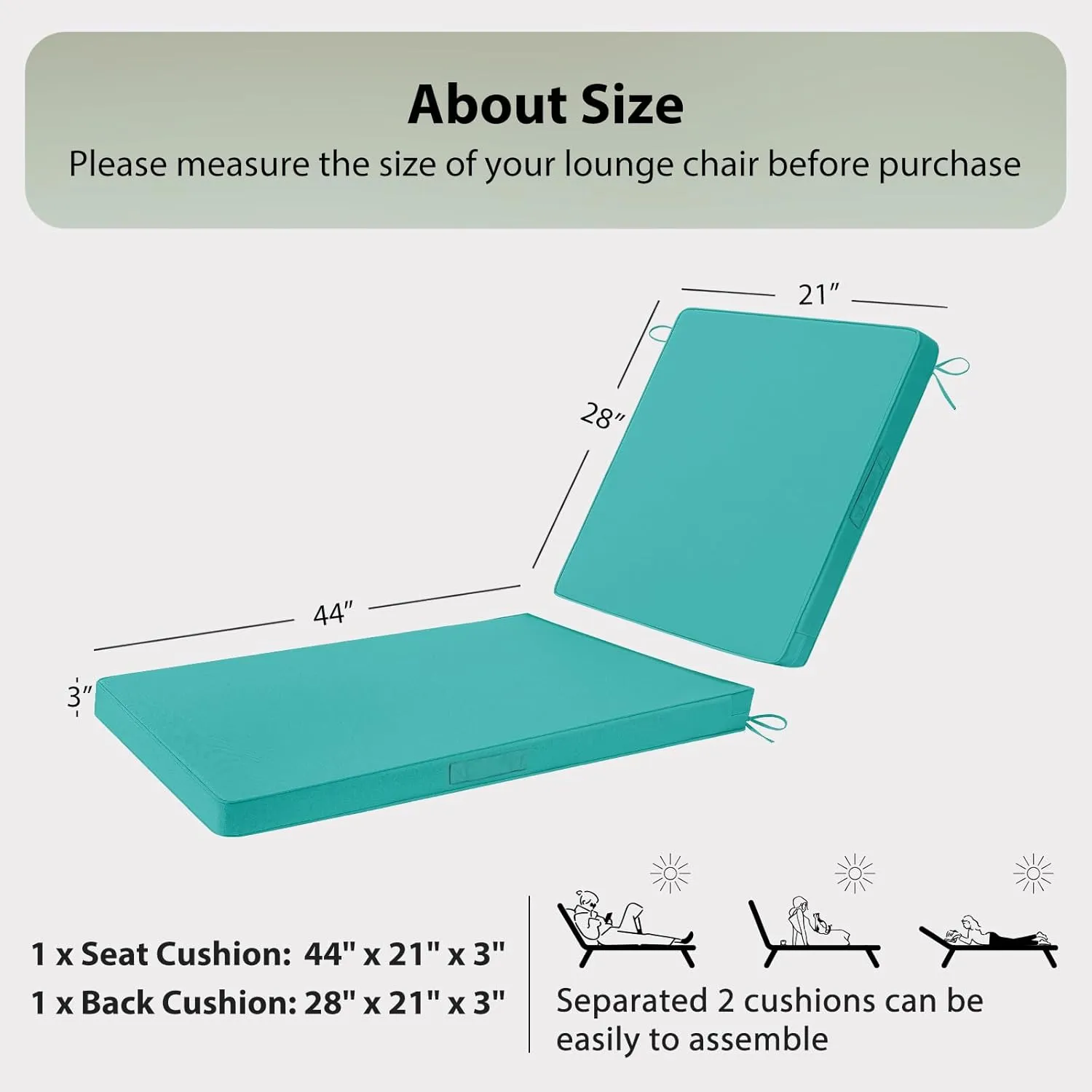 Chaise Lounge Cushions Outdoor, 72"x21"x3" Triple-Waterproof Outdoor Chair Cushions with Removable Cover, 4 Adjustable Ties Lounge Chair Cushions for Outdoor Furniture, Teal