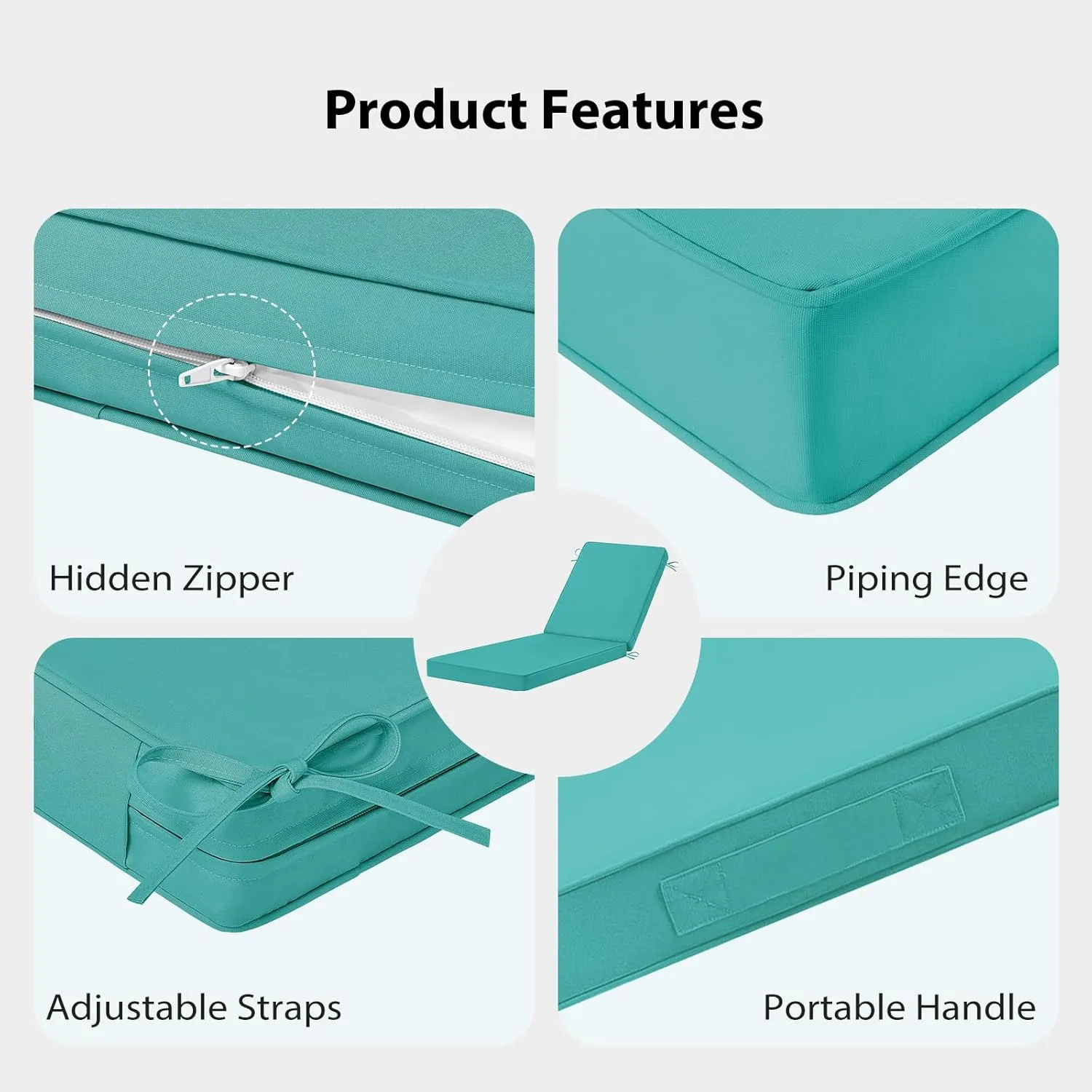 Chaise Lounge Cushions Outdoor, 72"x21"x3" Triple-Waterproof Outdoor Chair Cushions with Removable Cover, 4 Adjustable Ties Lounge Chair Cushions for Outdoor Furniture, Teal