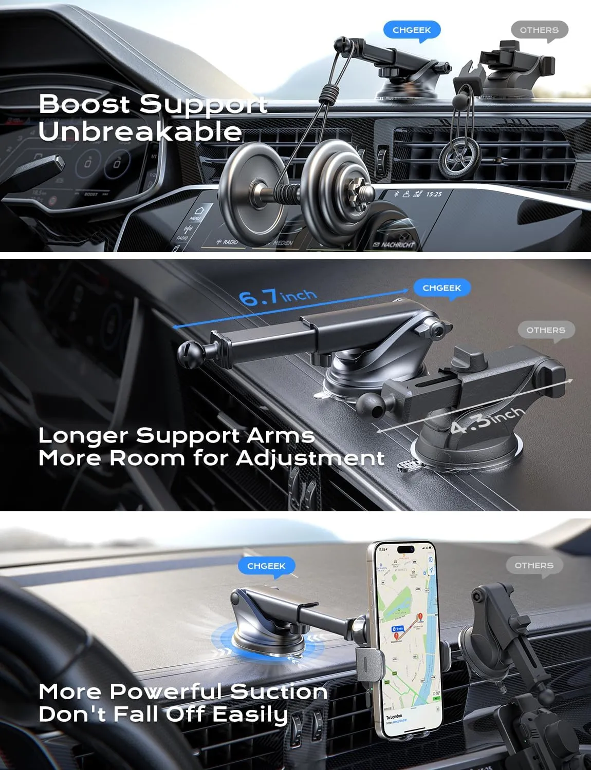 CHGeek Wireless Car Charger, 15W Fast Charging Auto Clamping Car Charger Phone Mount Phone Holder fit for iPhone 16 15 14 13 12 Pro Max 11 XR XS, Samsung Galaxy S24 Ultra S23 S22 S21, S20, S10 , Black