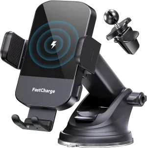 CHGeek Wireless Car Charger, 15W Fast Charging Auto Clamping Car Charger Phone Mount Phone Holder fit for iPhone 16 15 14 13 12 Pro Max 11 XR XS, Samsung Galaxy S24 Ultra S23 S22 S21, S20, S10 , Black