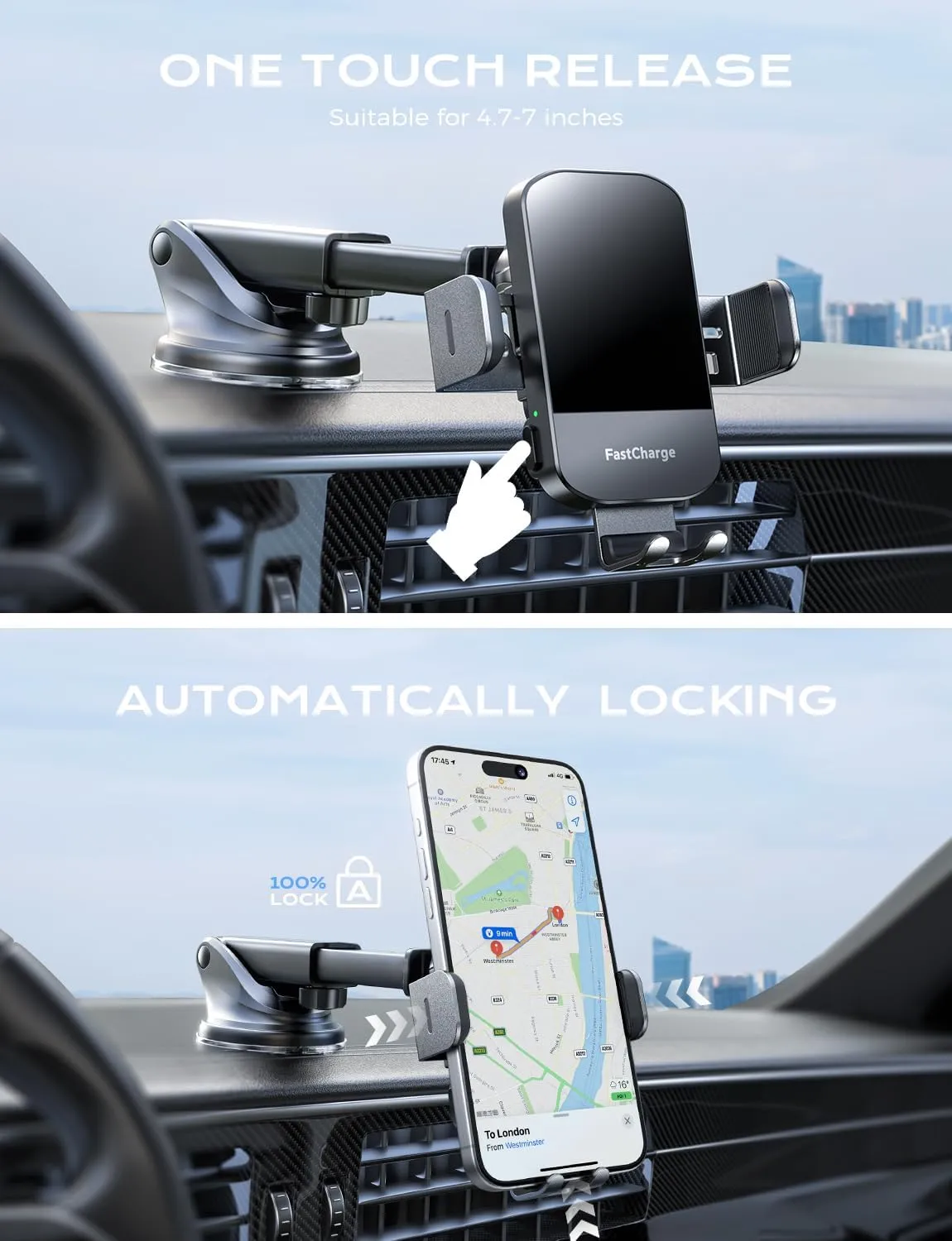 CHGeek Wireless Car Charger, 15W Fast Charging Auto Clamping Car Charger Phone Mount Phone Holder fit for iPhone 16 15 14 13 12 Pro Max 11 XR XS, Samsung Galaxy S24 Ultra S23 S22 S21, S20, S10 , Black