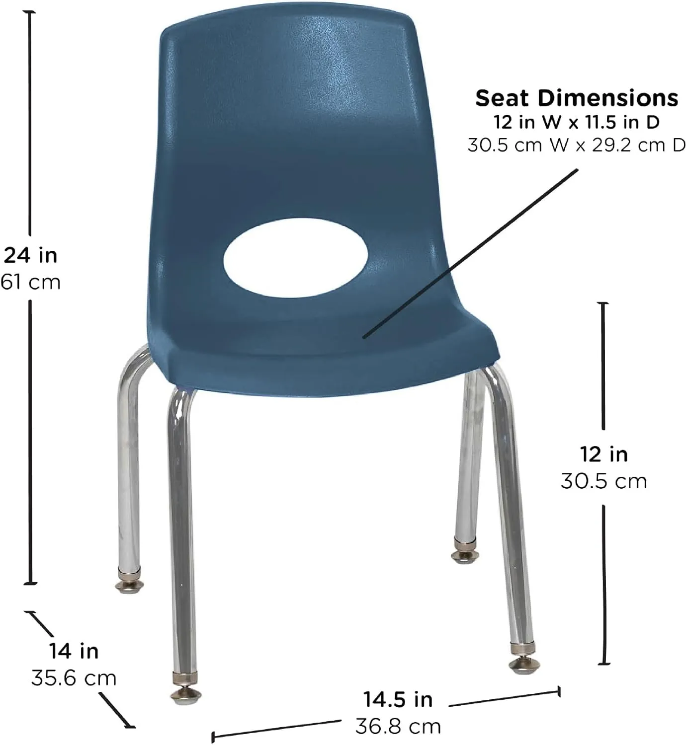 Children’s Factory MyPosture Plus 12" Chair, Navy with Chrome Legs, 2 Pack, Stackable Ergonomic Seating Solution for Classrooms and Homeschools