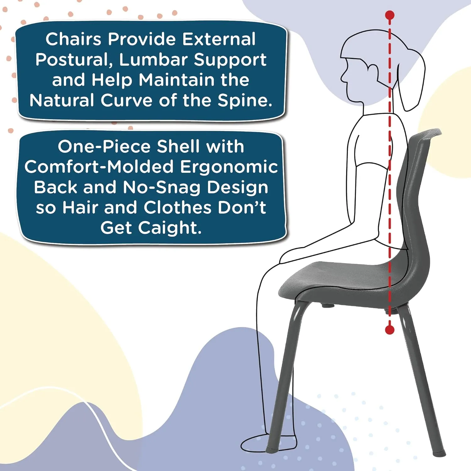 Children’s Factory MyPosture Plus 8" Chair, Black with Chrome Legs, 2 Pack, Stackable Ergonomic Seating Solution for Classrooms and Homeschools